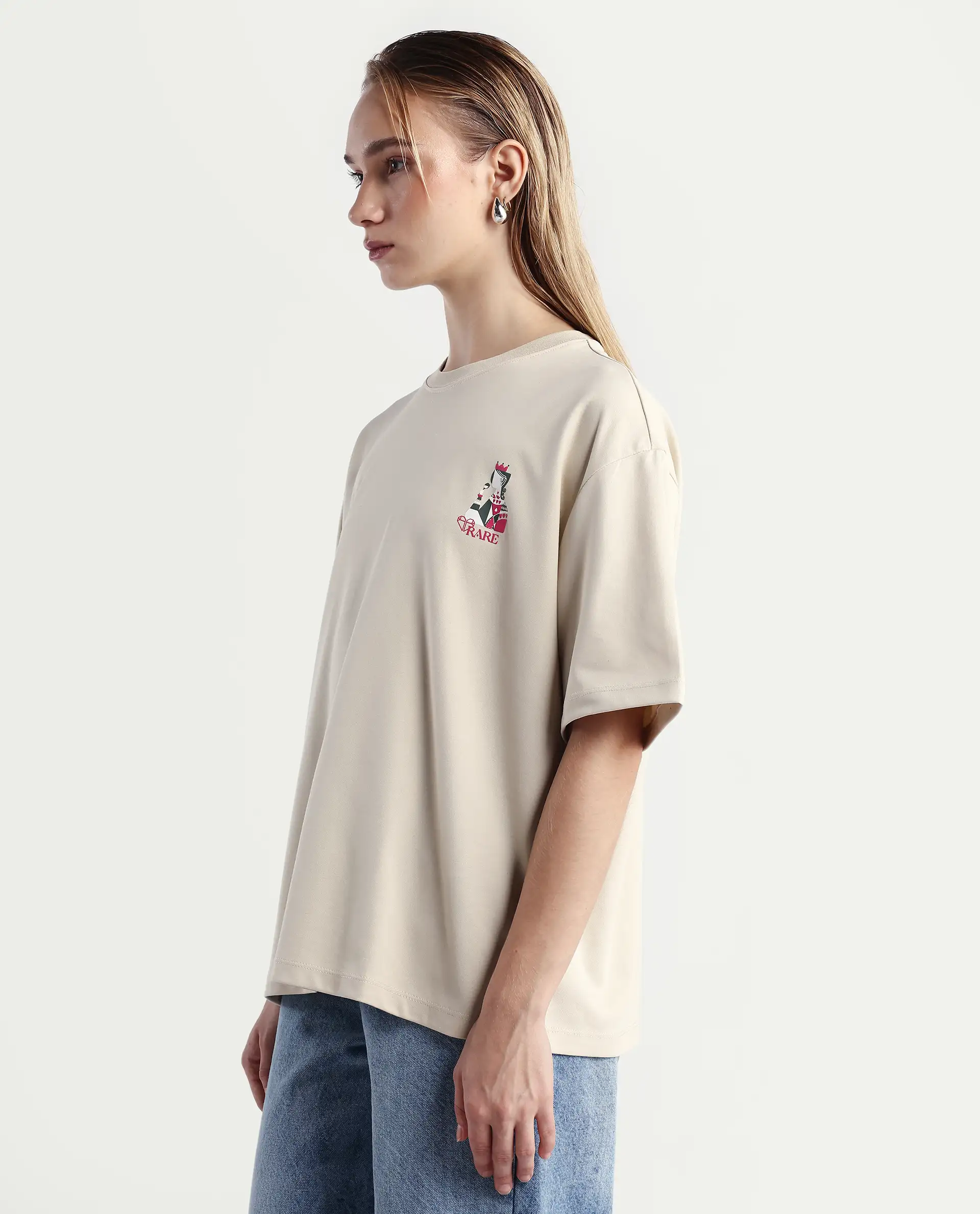 Rareism Women's Voke Beige Cotton Blend Crew Neck Graphic Print Oversized T-Shirt - Image 5