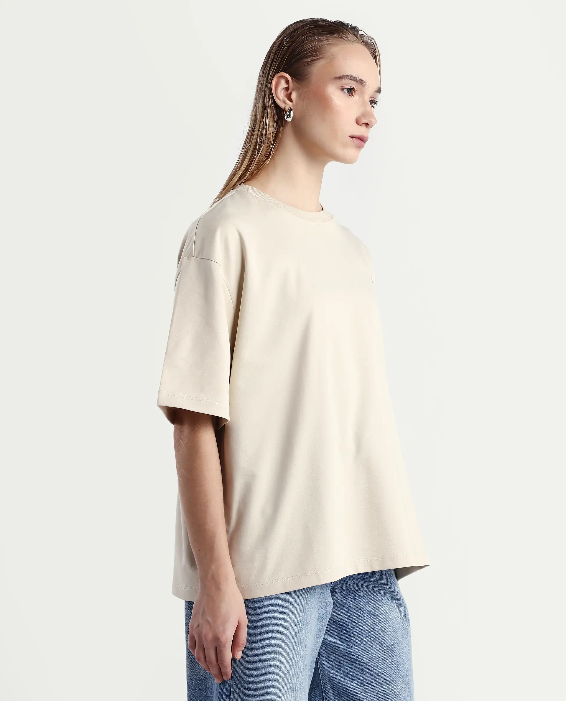 Rareism Women's Voke Beige Cotton Blend Crew Neck Graphic Print Oversized T-Shirt - Image 6