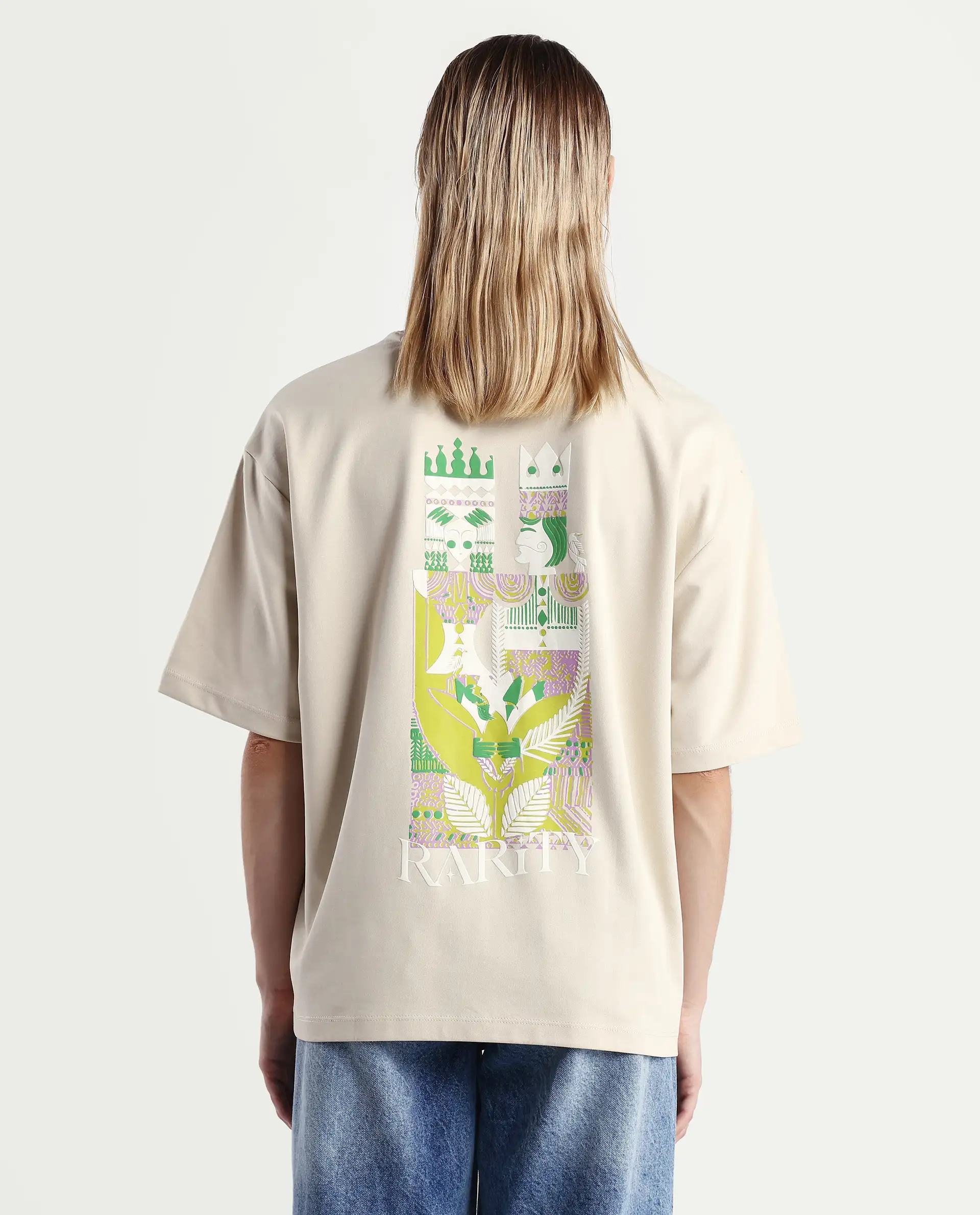 Rareism Women's Voke Beige Cotton Blend Crew Neck Graphic Print Oversized T-Shirt - Image 7