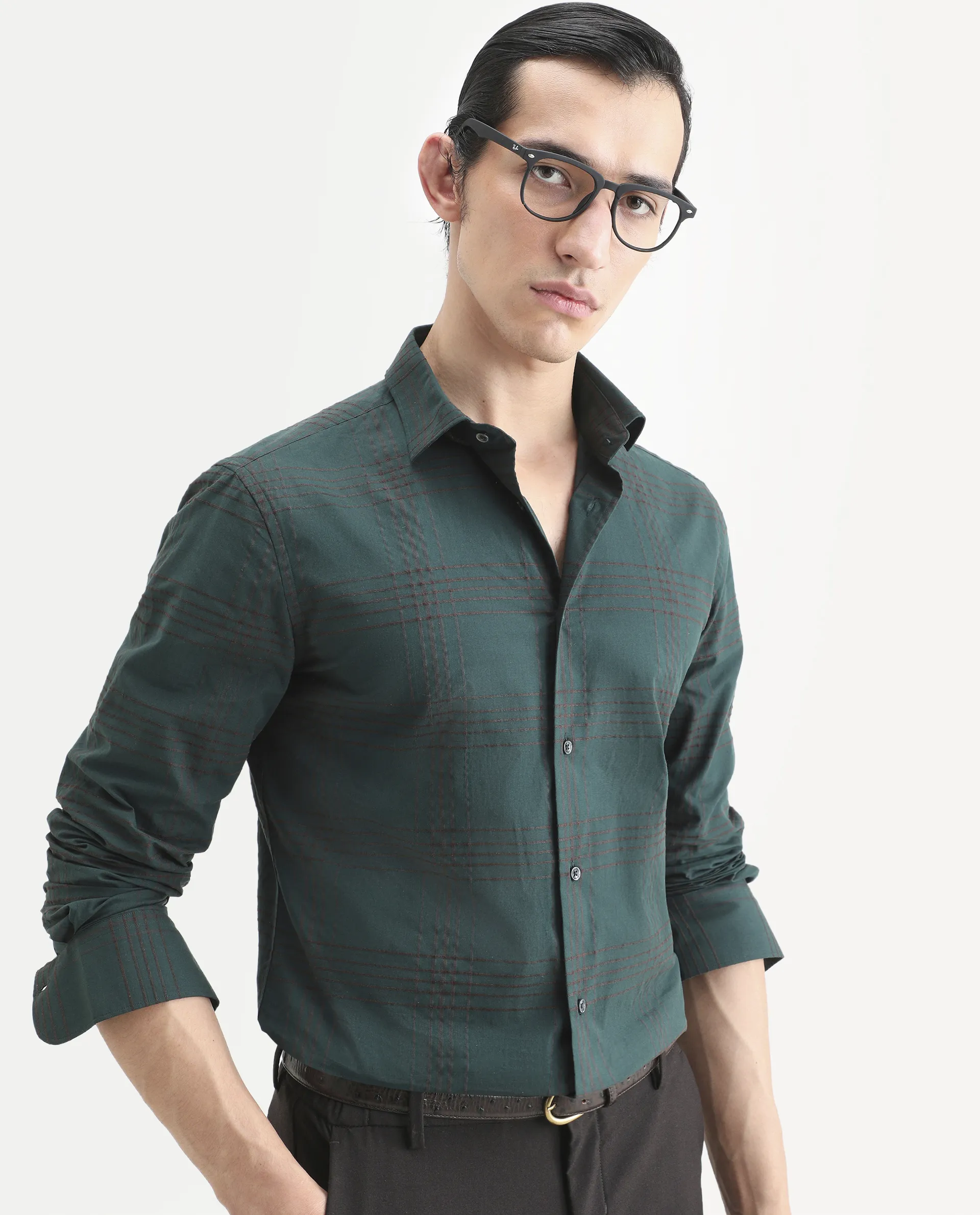 Rare Rabbit Men's Vola-25 Dark Green Cotton Fabric Full Sleeve Regular Fit Checked Shirt