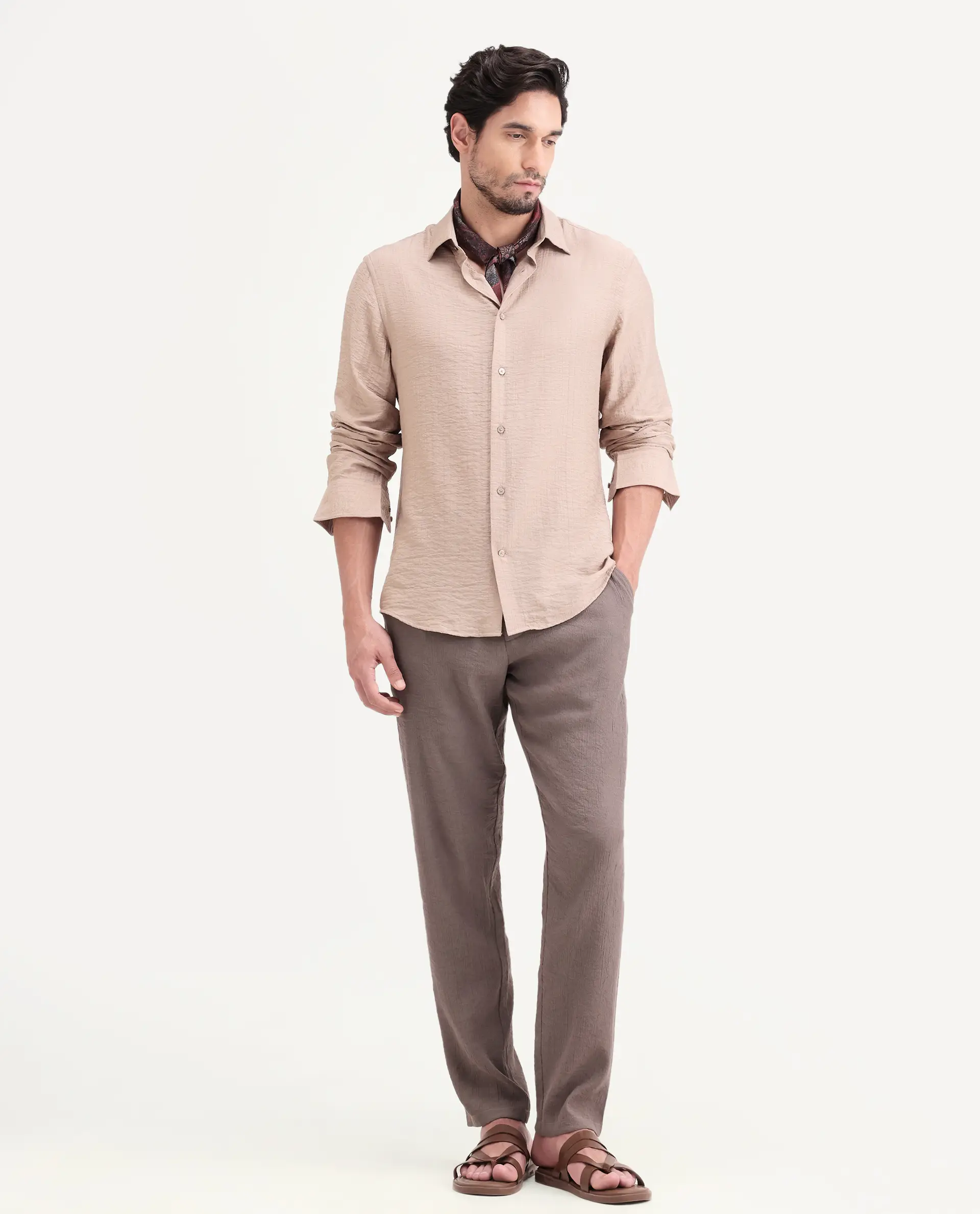Rare Rabbit Men's Volas Dusky Beige Viscose Blend Fabric Full Sleeve Spread Collar Regular Fit Plain Shirt - Image 2