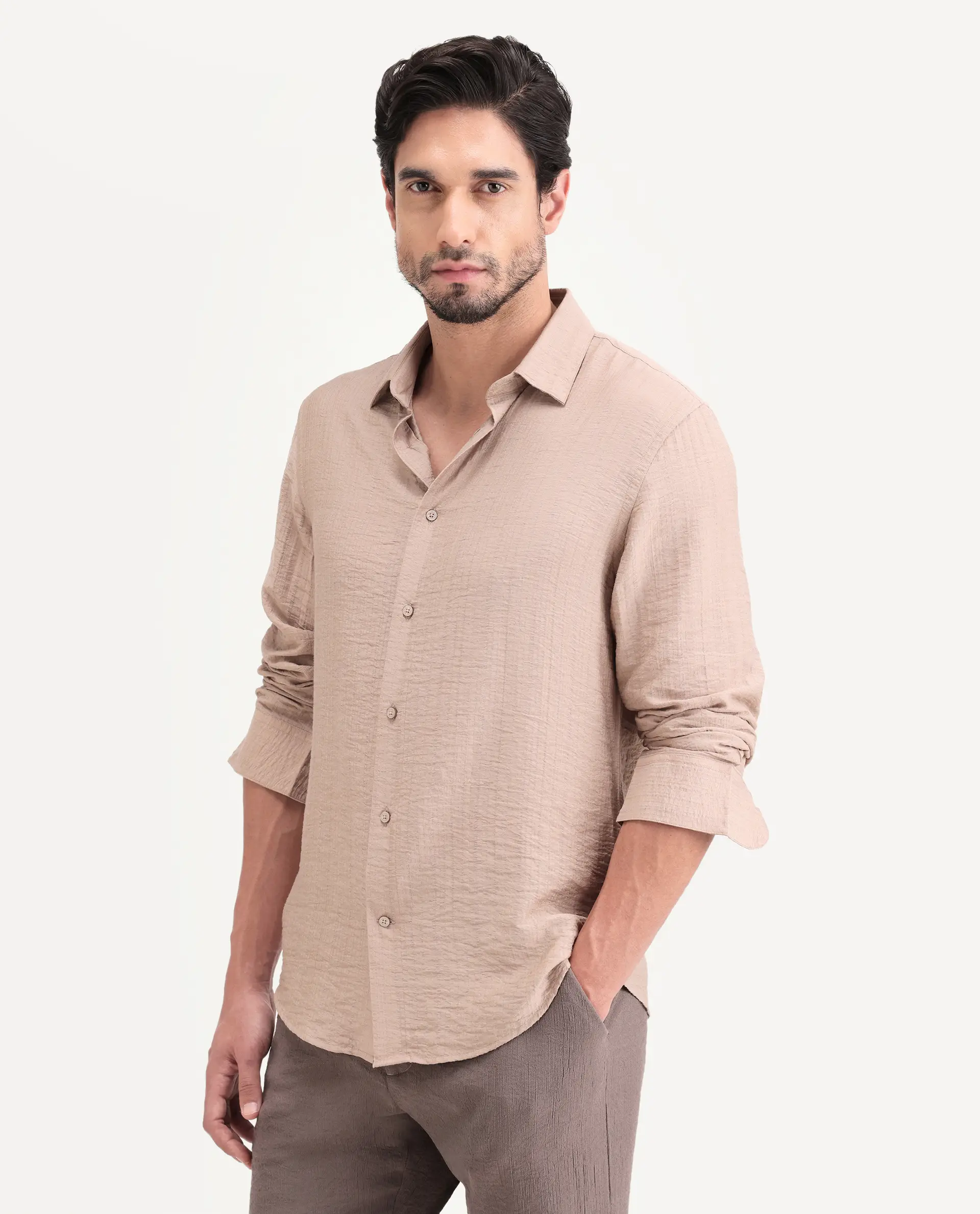 Rare Rabbit Men's Volas Dusky Beige Viscose Blend Fabric Full Sleeve Spread Collar Regular Fit Plain Shirt - Image 4