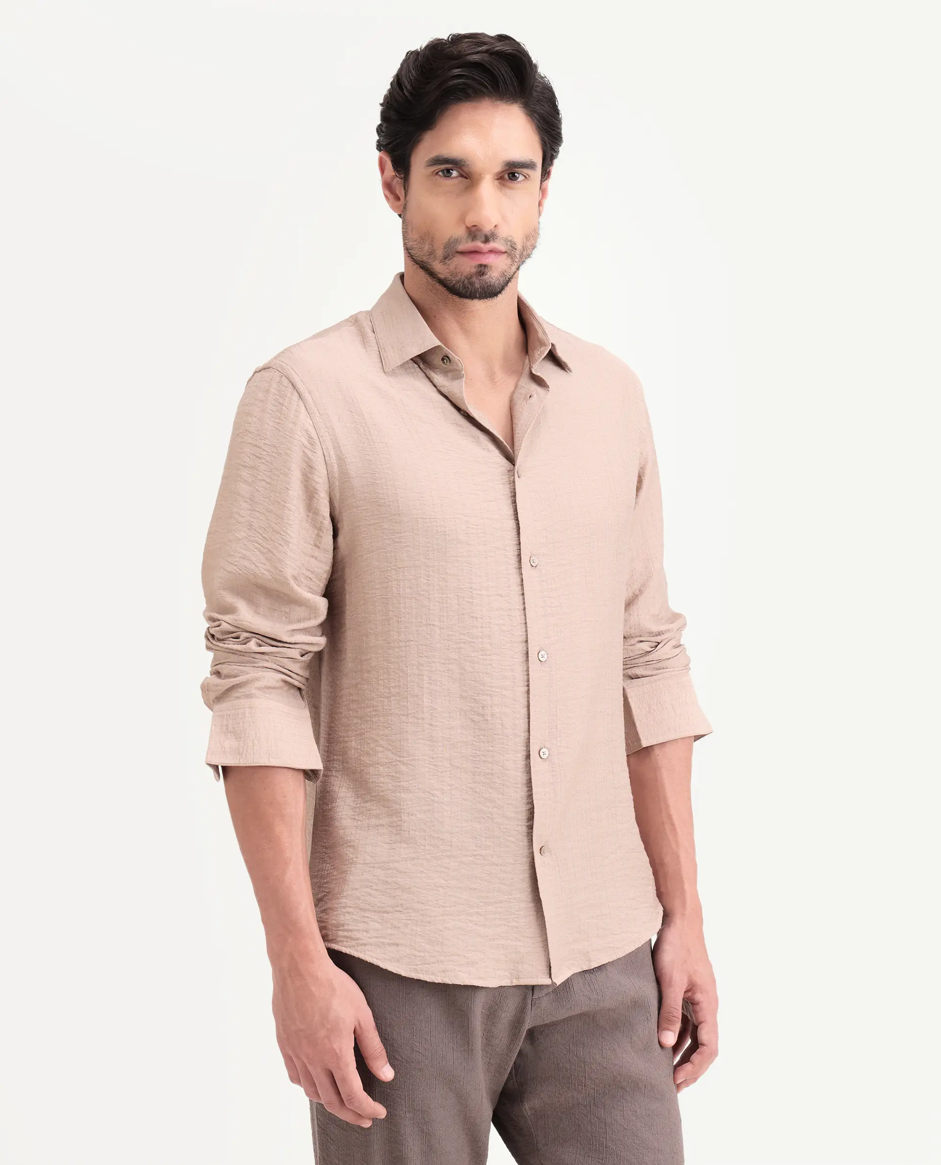 Rare Rabbit Men's Volas Dusky Beige Viscose Blend Fabric Full Sleeve Spread Collar Regular Fit Plain Shirt - Image 5