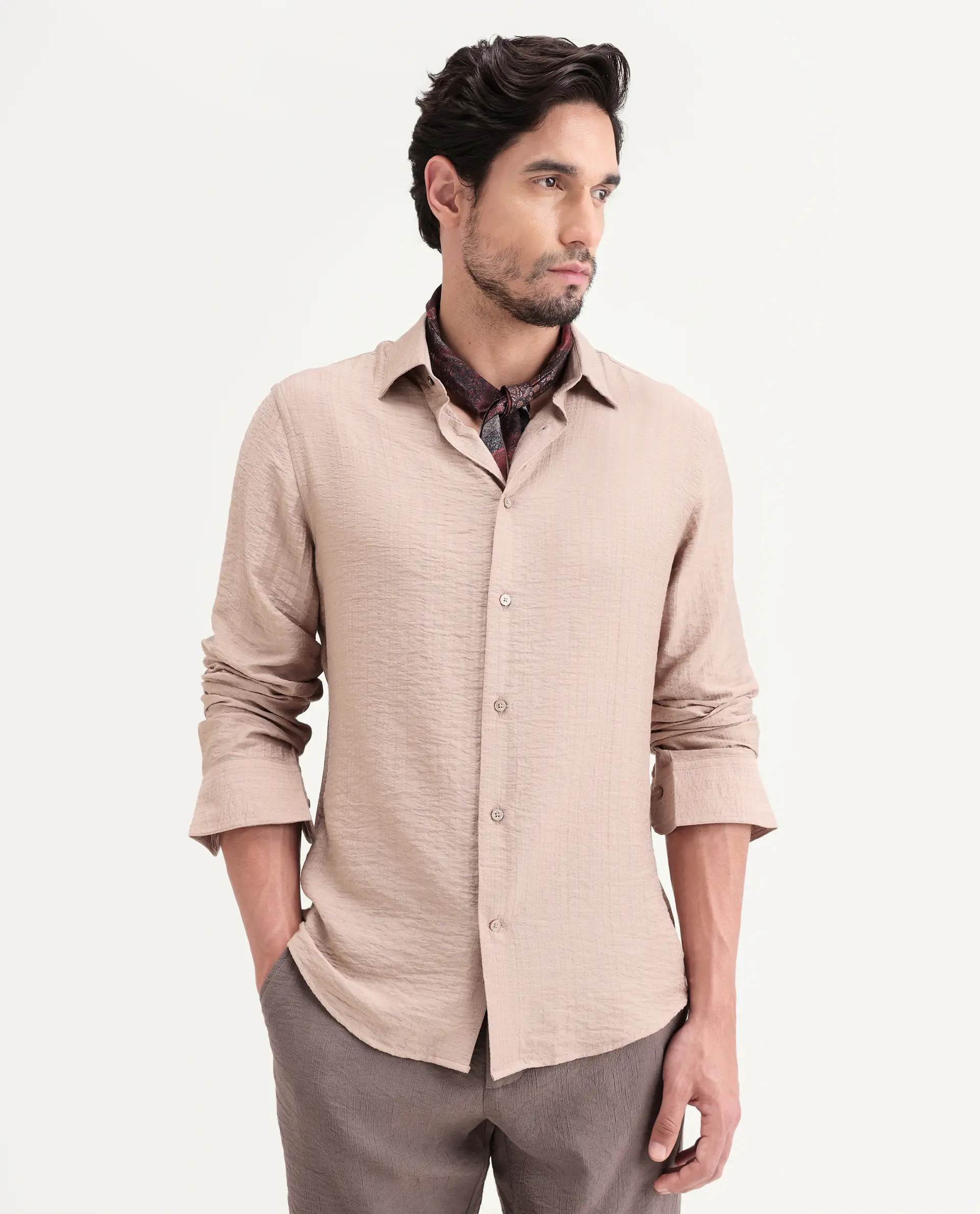 Rare Rabbit Men's Volas Dusky Beige Viscose Blend Fabric Full Sleeve Spread Collar Regular Fit Plain Shirt - Image 7