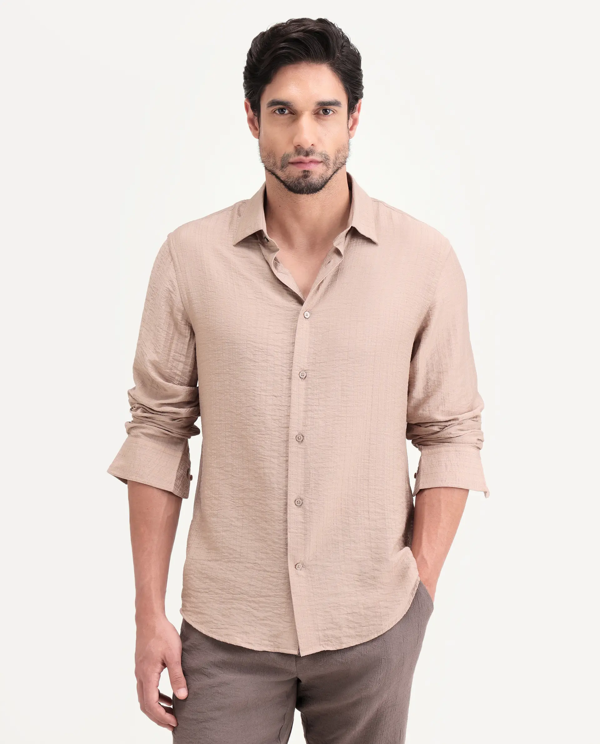 Rare Rabbit Men's Volas Dusky Beige Viscose Blend Fabric Full Sleeve Spread Collar Regular Fit Plain Shirt - Image 8