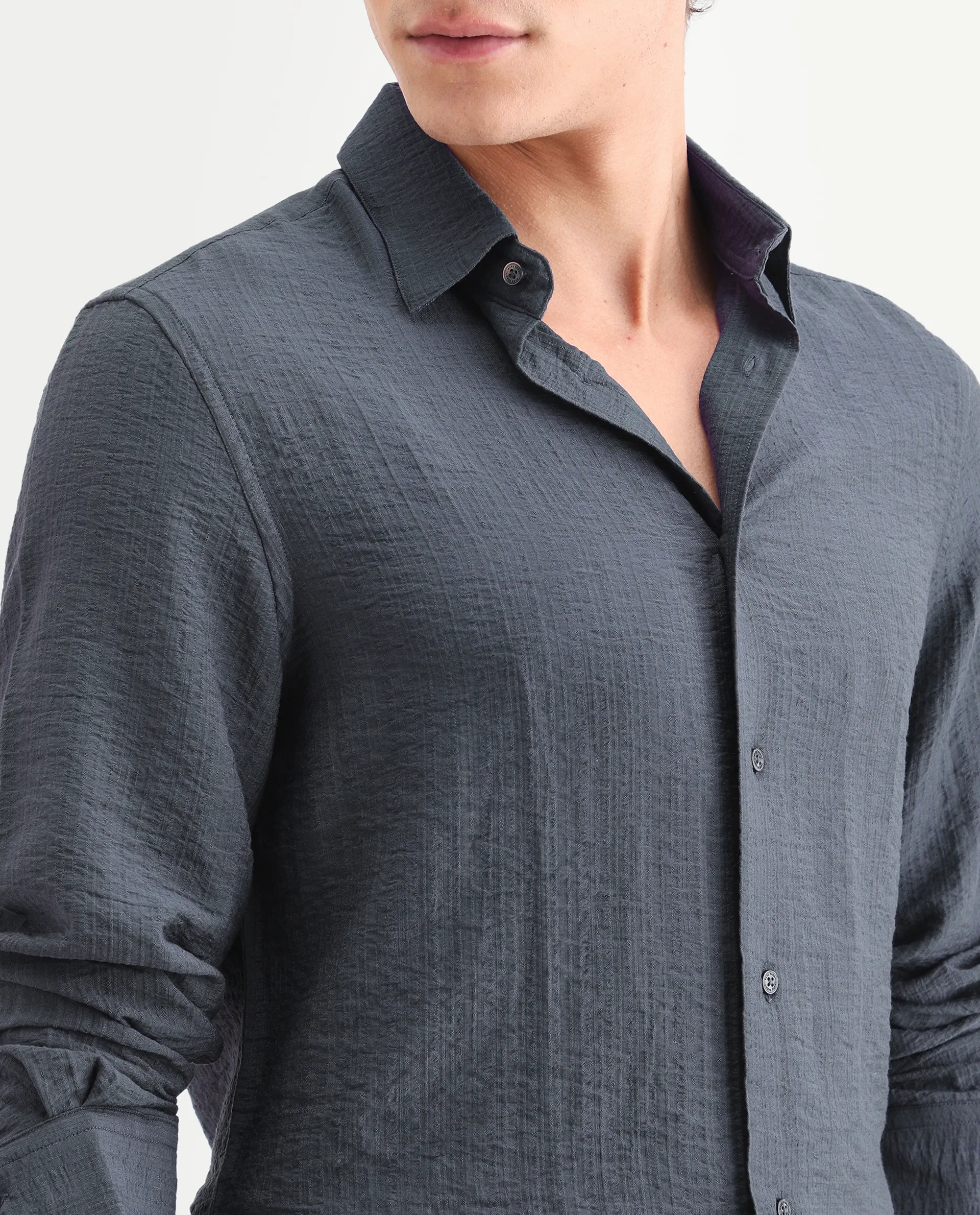 Rare Rabbit Men's Volas Dusky Grey Viscose Blend Fabric Full Sleeve Spread Collar Regular Fit Plain Shirt - Image 3