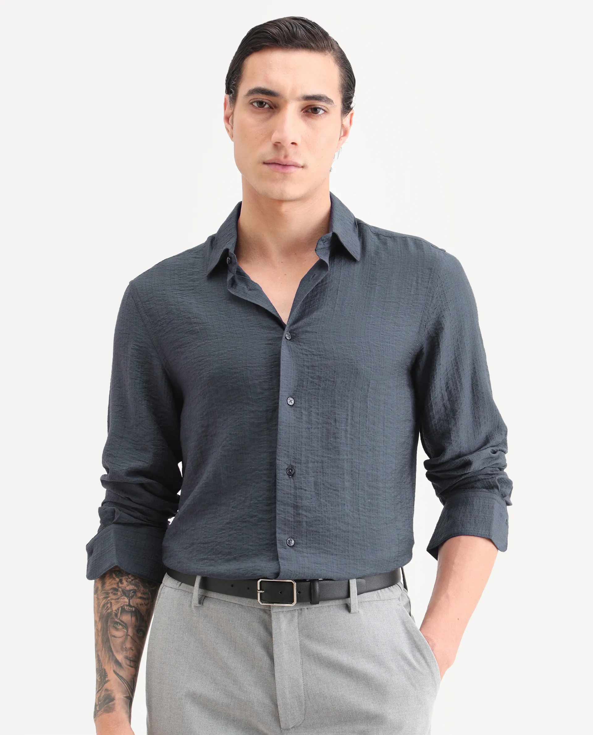 Rare Rabbit Men's Volas Dusky Grey Viscose Blend Fabric Full Sleeve Spread Collar Regular Fit Plain Shirt - Image 4