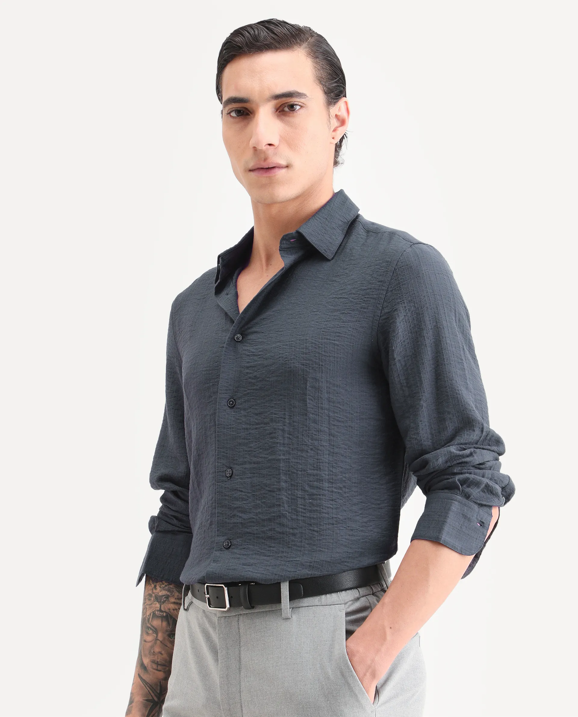 Rare Rabbit Men's Volas Dusky Grey Viscose Blend Fabric Full Sleeve Spread Collar Regular Fit Plain Shirt - Image 5