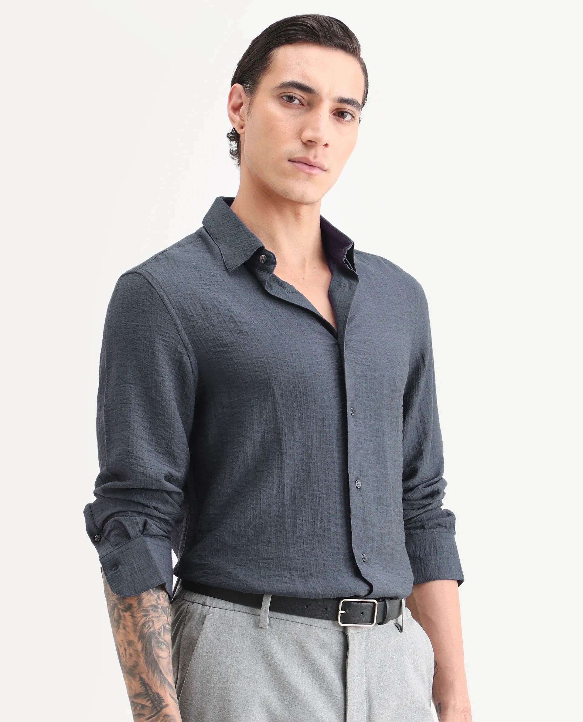Rare Rabbit Men's Volas Dusky Grey Viscose Blend Fabric Full Sleeve Spread Collar Regular Fit Plain Shirt - Image 6