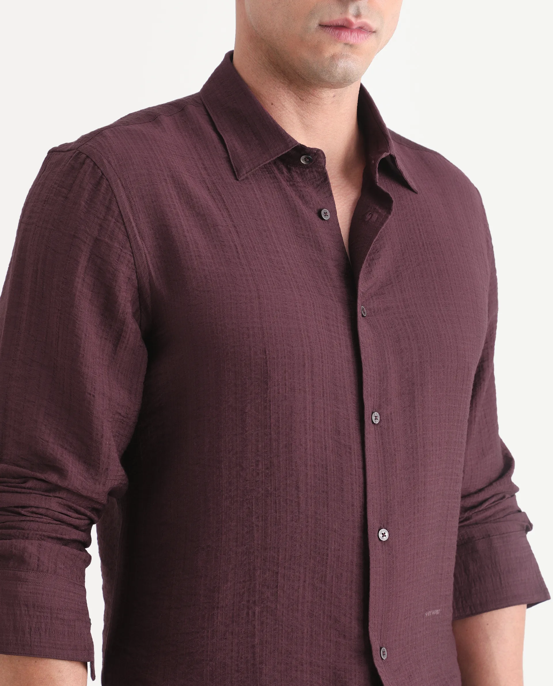 Rare Rabbit Men's Volas Dusky Maroon Viscose Blend Fabric Full Sleeve Spread Collar Regular Fit Plain Shirt - Image 3