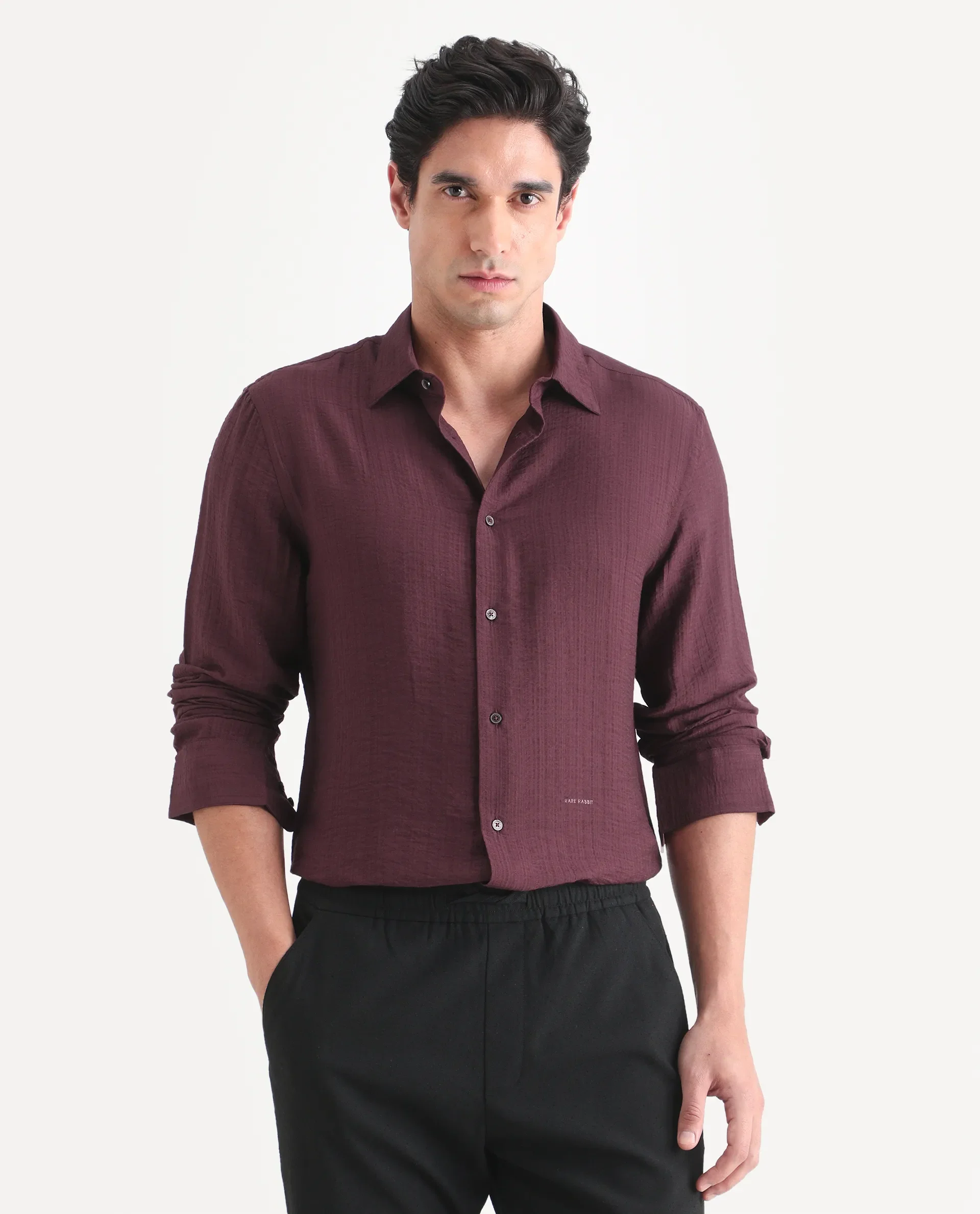 Rare Rabbit Men's Volas Dusky Maroon Viscose Blend Fabric Full Sleeve Spread Collar Regular Fit Plain Shirt - Image 4