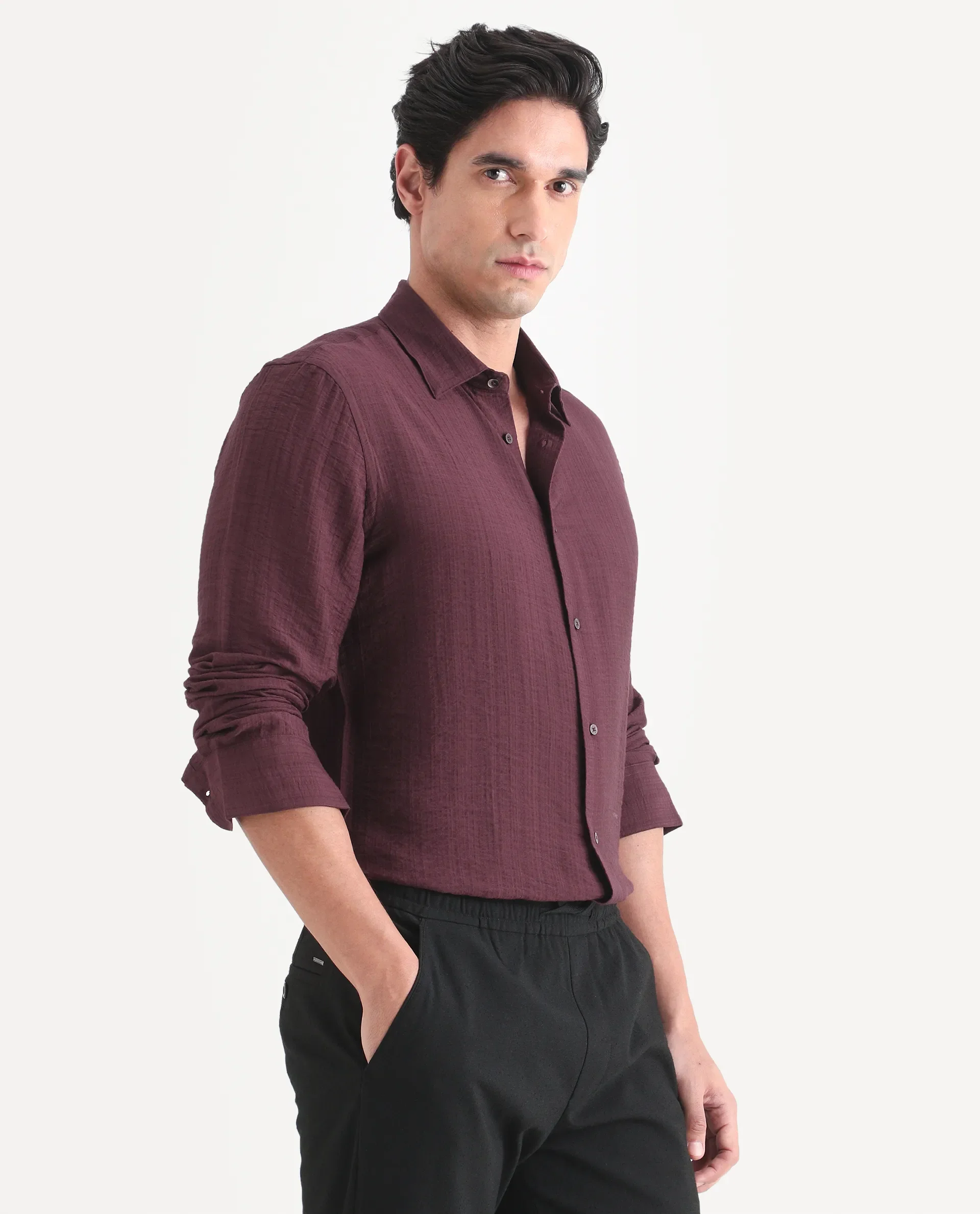 Rare Rabbit Men's Volas Dusky Maroon Viscose Blend Fabric Full Sleeve Spread Collar Regular Fit Plain Shirt - Image 5
