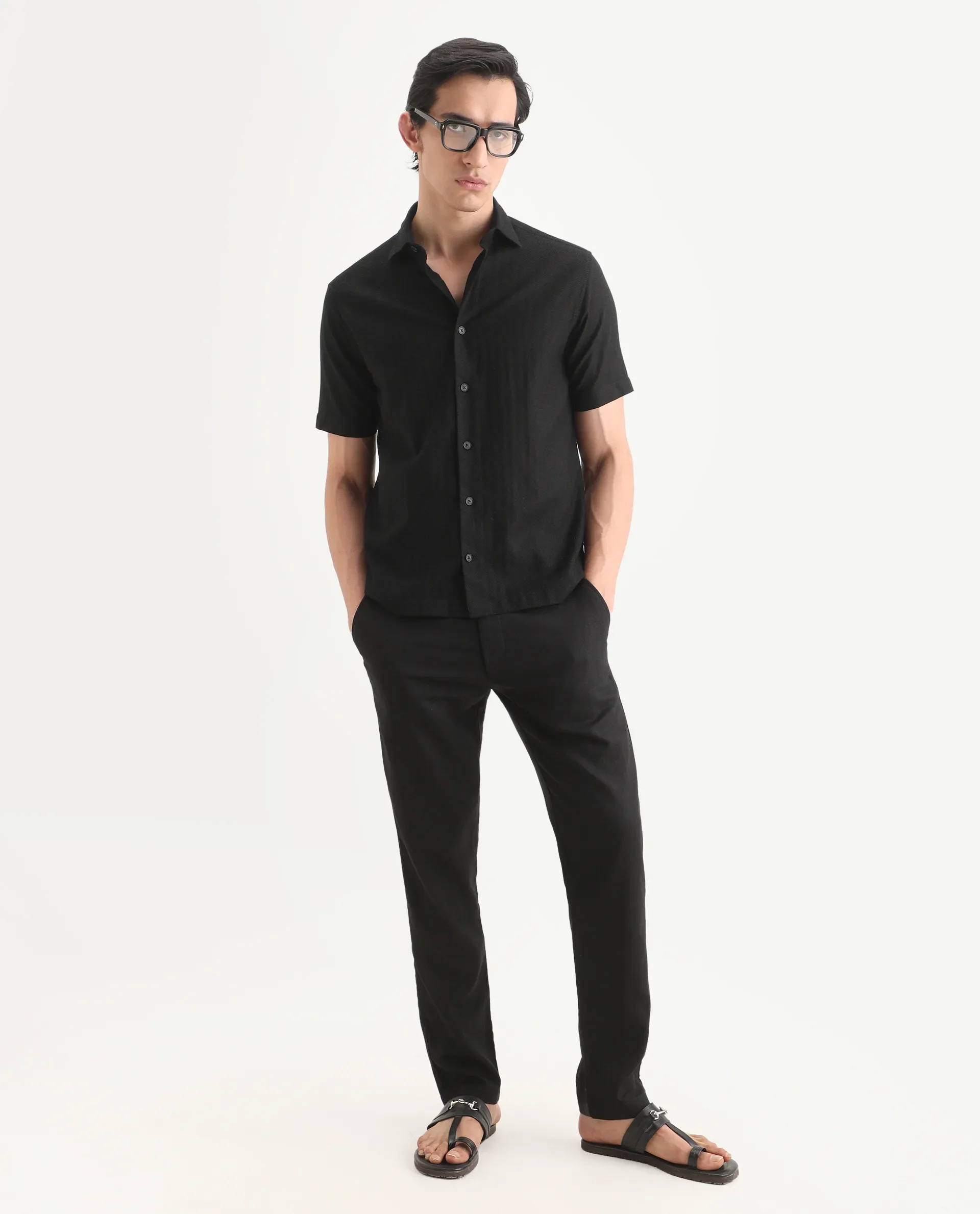 Rare Rabbit Men's Volda Black Cotton Fabric Half Sleeve Spread Collar Regular Fit Textured Shirt - Image 2