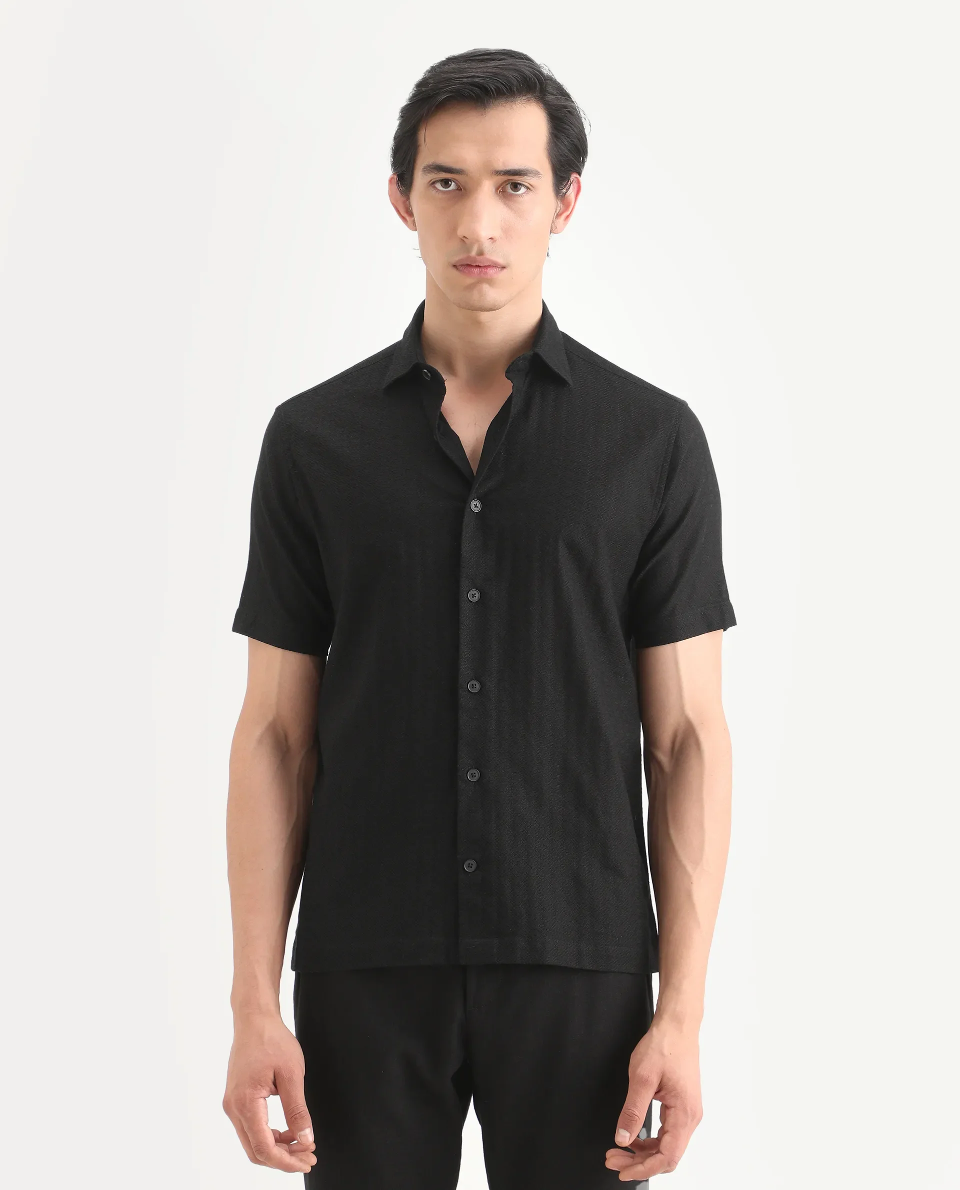 Rare Rabbit Men's Volda Black Cotton Fabric Half Sleeve Spread Collar Regular Fit Textured Shirt - Image 3