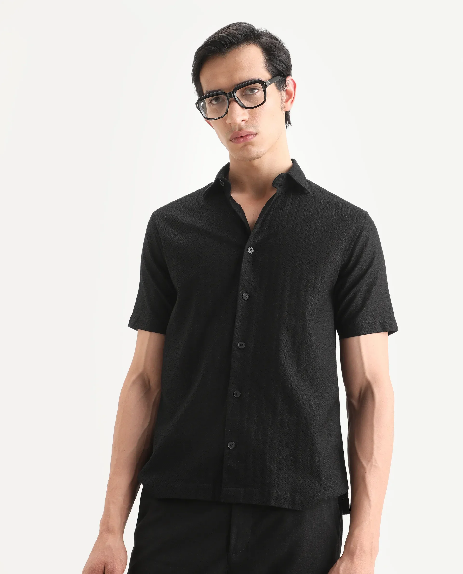 Rare Rabbit Men's Volda Black Cotton Fabric Half Sleeve Spread Collar Regular Fit Textured Shirt - Image 4