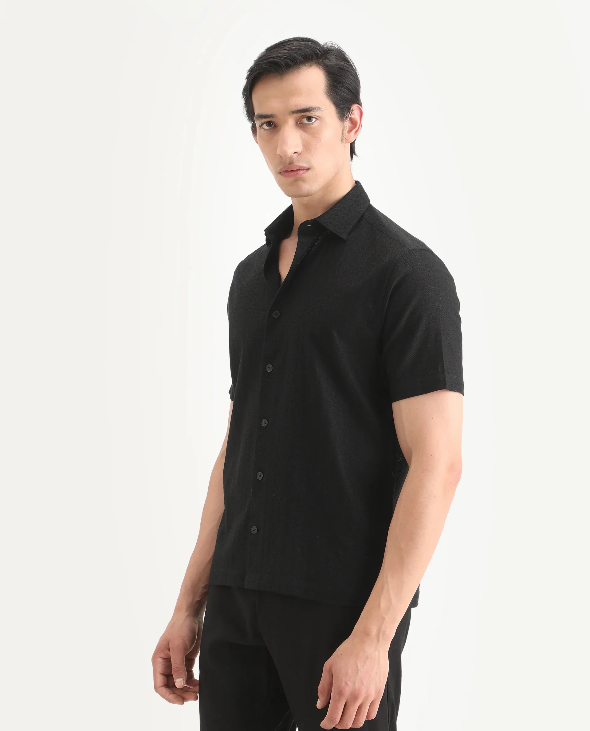Rare Rabbit Men's Volda Black Cotton Fabric Half Sleeve Spread Collar Regular Fit Textured Shirt - Image 5