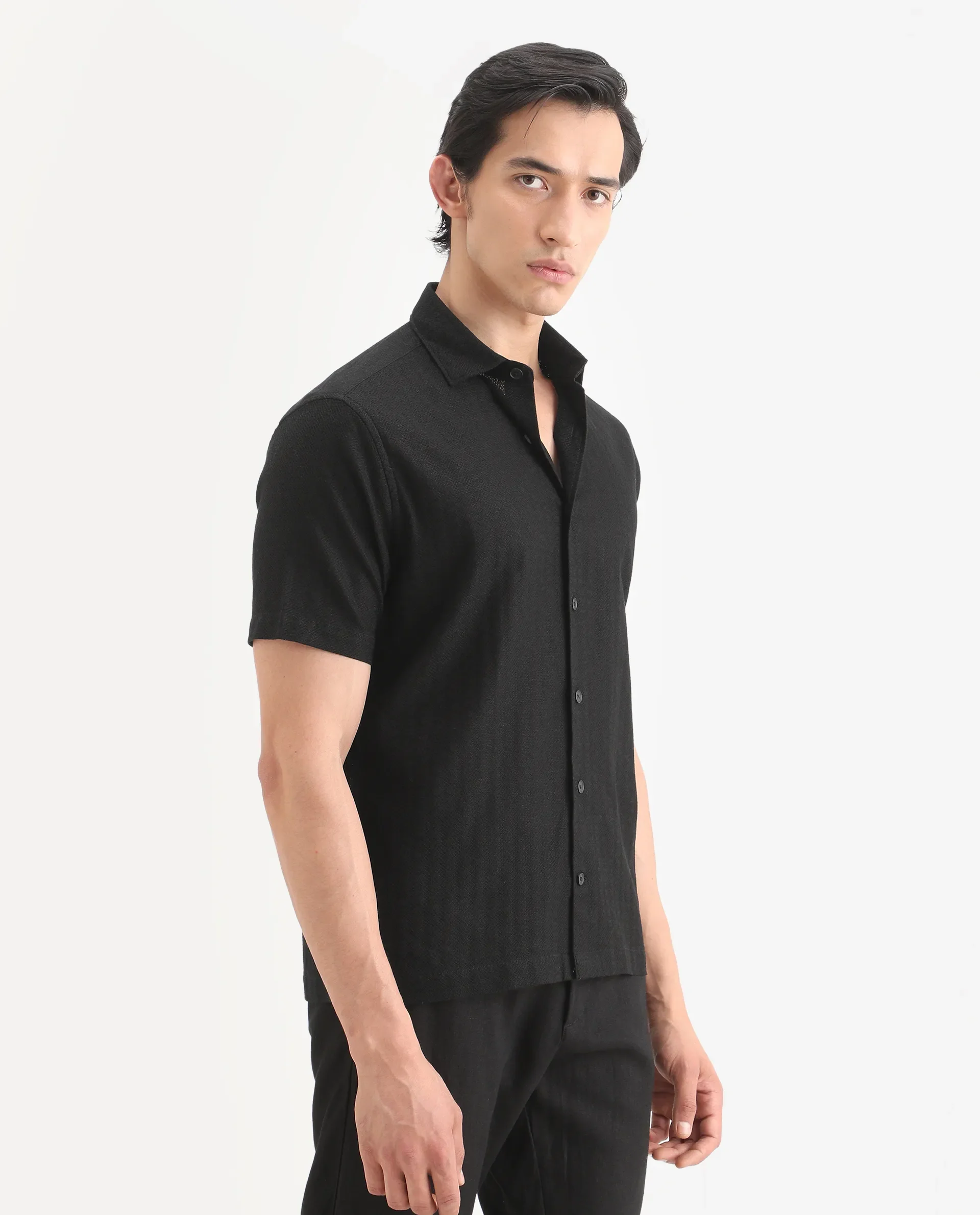 Rare Rabbit Men's Volda Black Cotton Fabric Half Sleeve Spread Collar Regular Fit Textured Shirt - Image 6