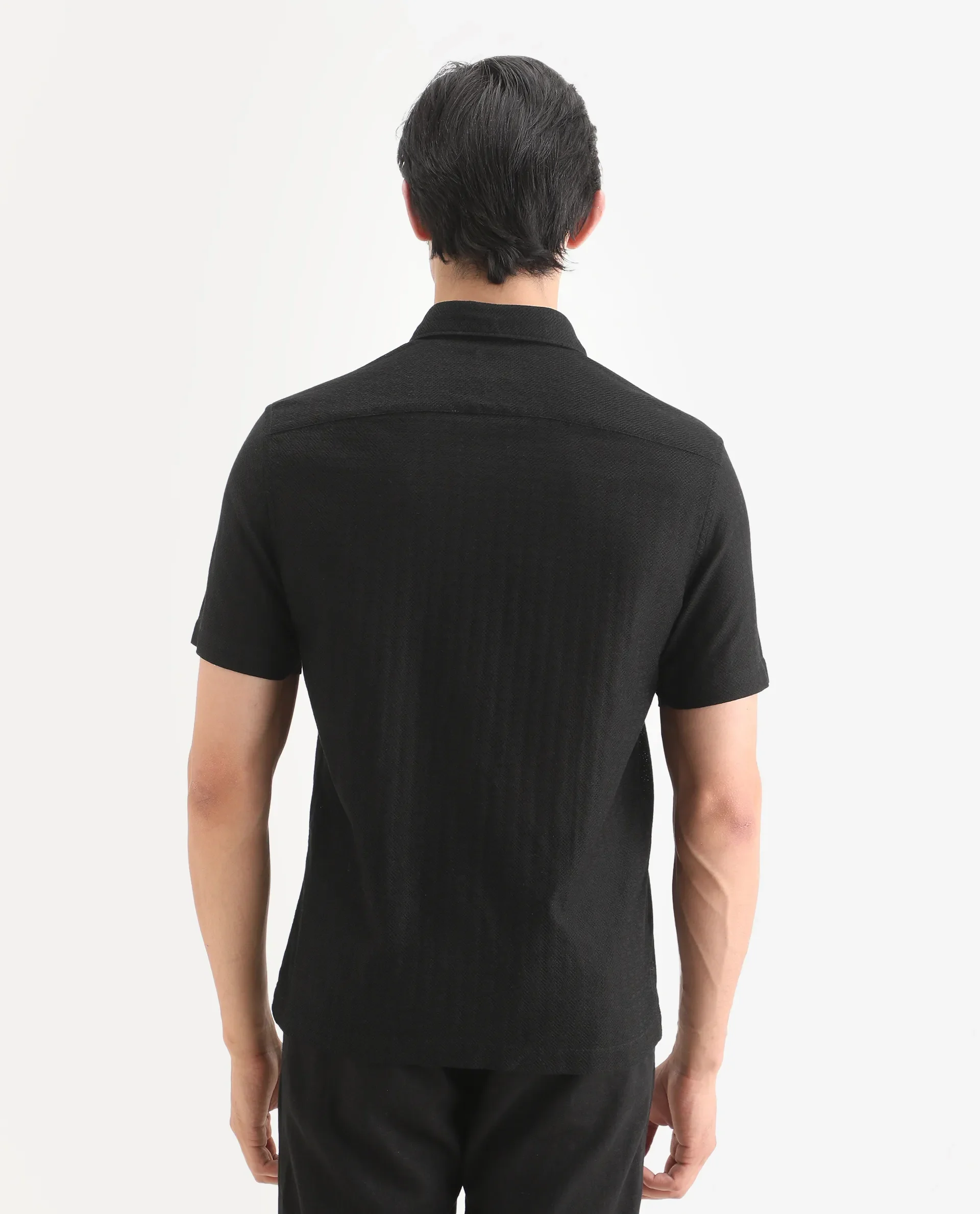 Rare Rabbit Men's Volda Black Cotton Fabric Half Sleeve Spread Collar Regular Fit Textured Shirt - Image 7