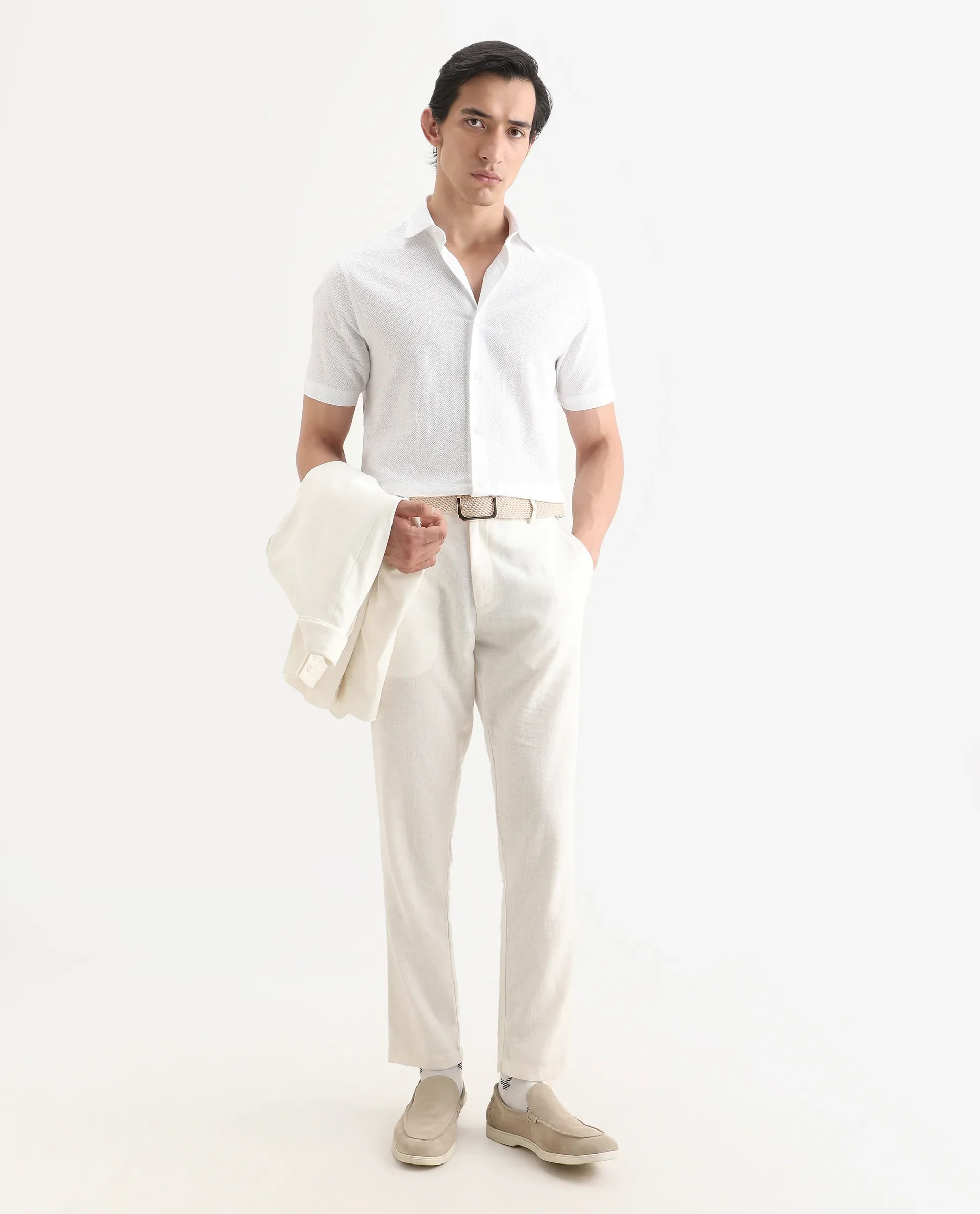 Rare Rabbit Men's Volda White Cotton Fabric Half Sleeve Spread Collar Regular Fit Textured Shirt - Image 2