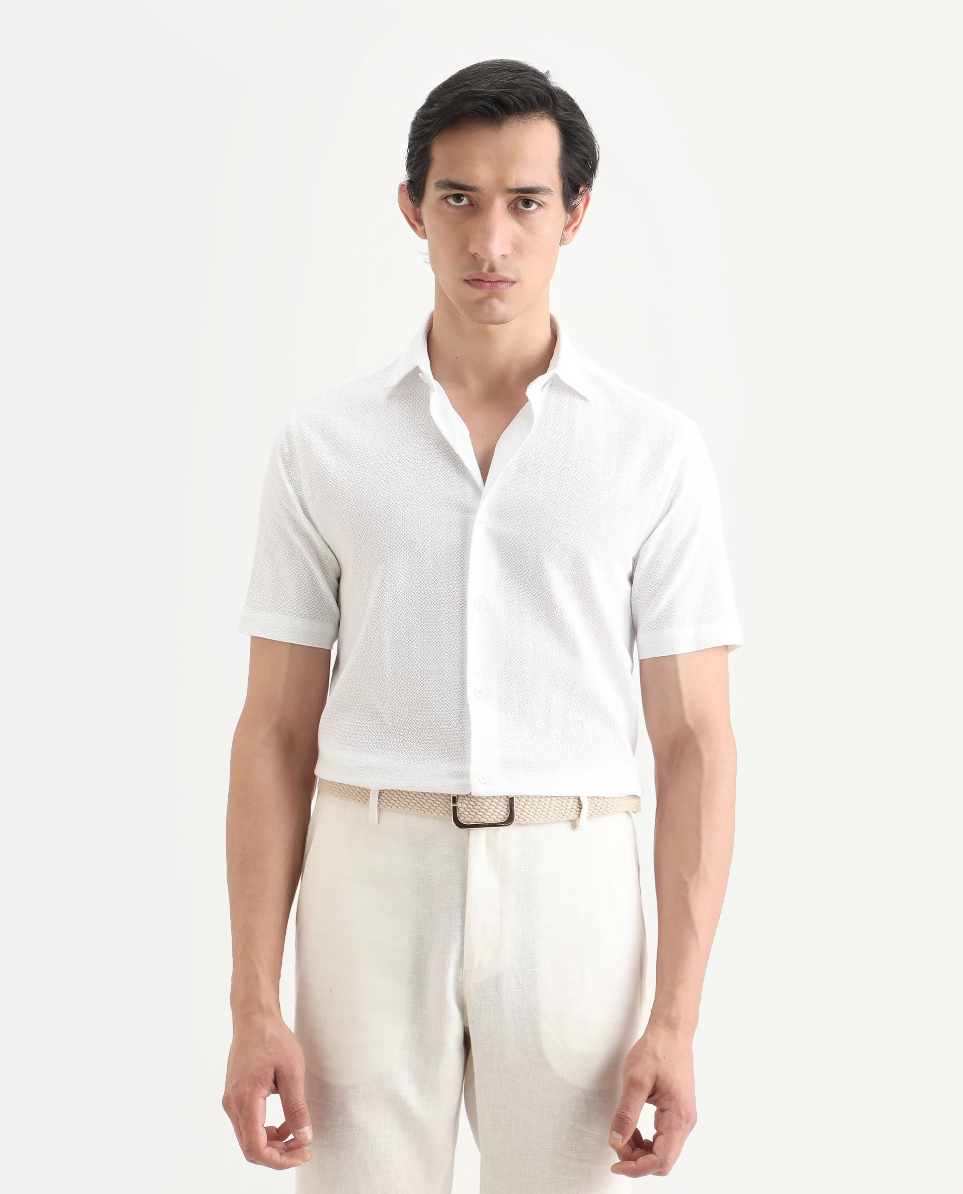 Rare Rabbit Men's Volda White Cotton Fabric Half Sleeve Spread Collar Regular Fit Textured Shirt - Image 3