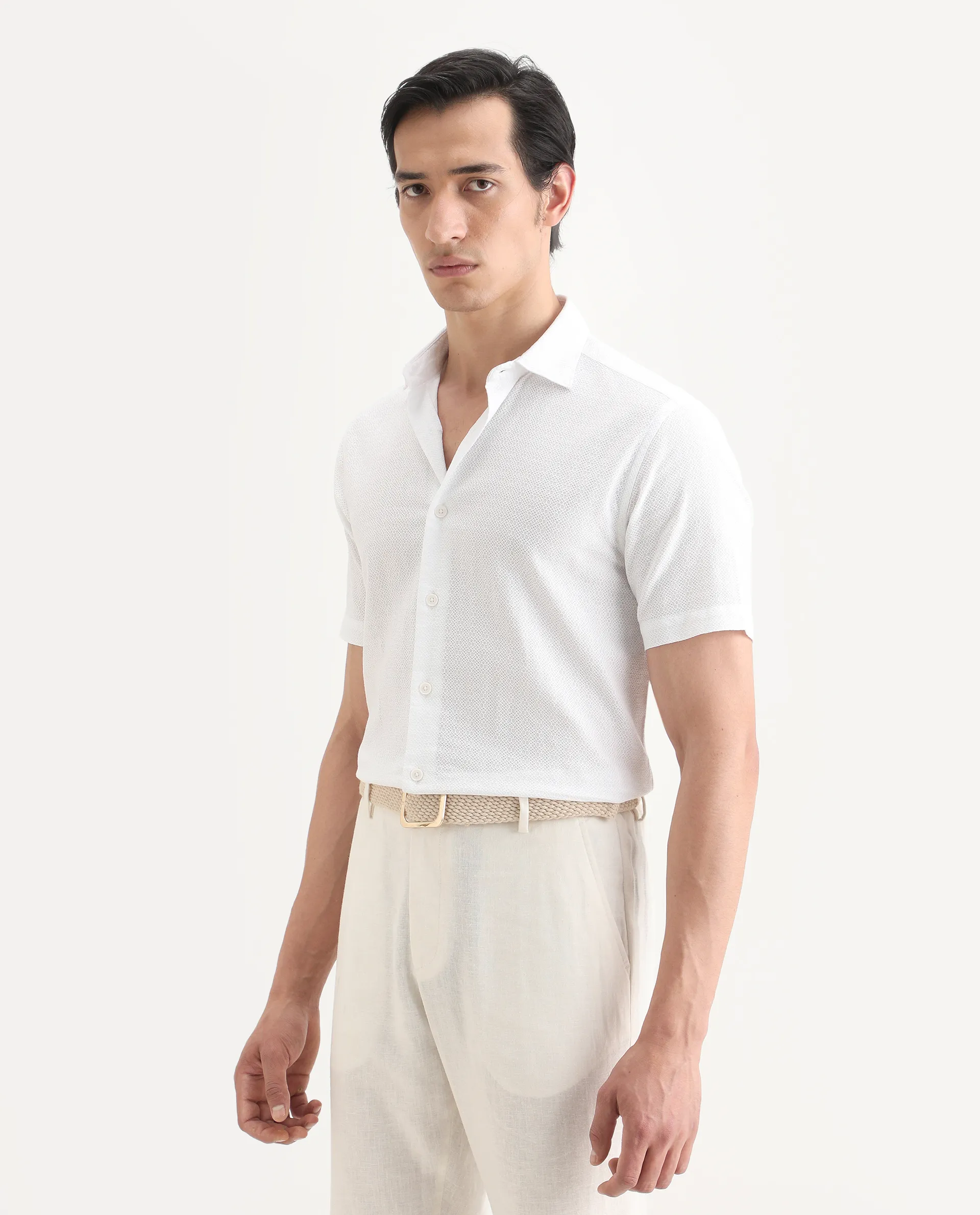 Rare Rabbit Men's Volda White Cotton Fabric Half Sleeve Spread Collar Regular Fit Textured Shirt - Image 4