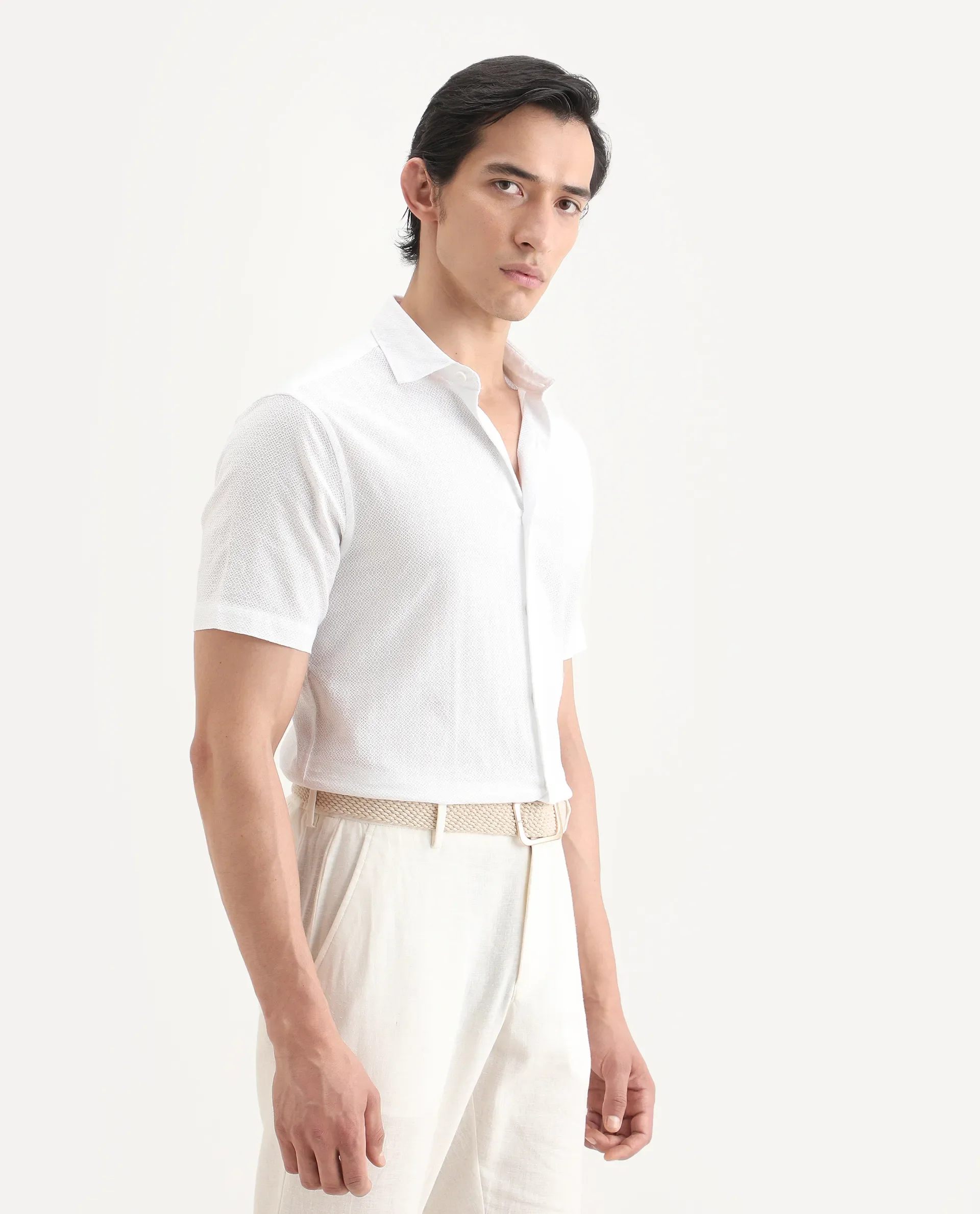Rare Rabbit Men's Volda White Cotton Fabric Half Sleeve Spread Collar Regular Fit Textured Shirt - Image 5
