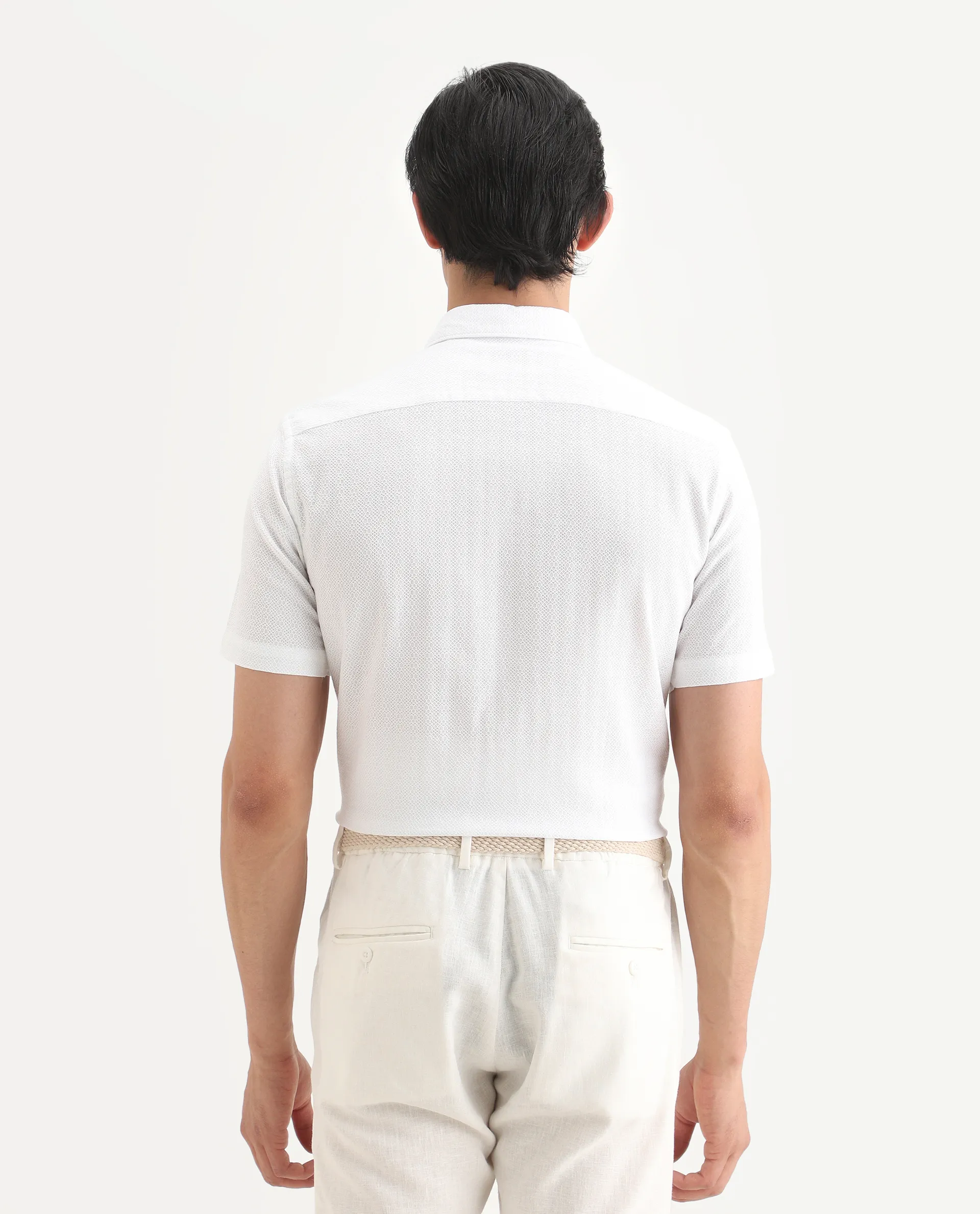 Rare Rabbit Men's Volda White Cotton Fabric Half Sleeve Spread Collar Regular Fit Textured Shirt - Image 6