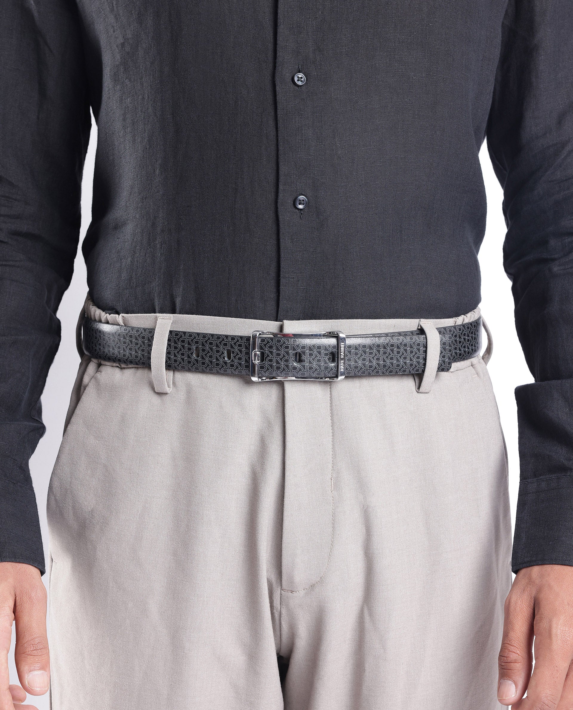 Rare Rabbit Men's Volde Black Reversible Monogram Print Gun Metal Belt - Image 7
