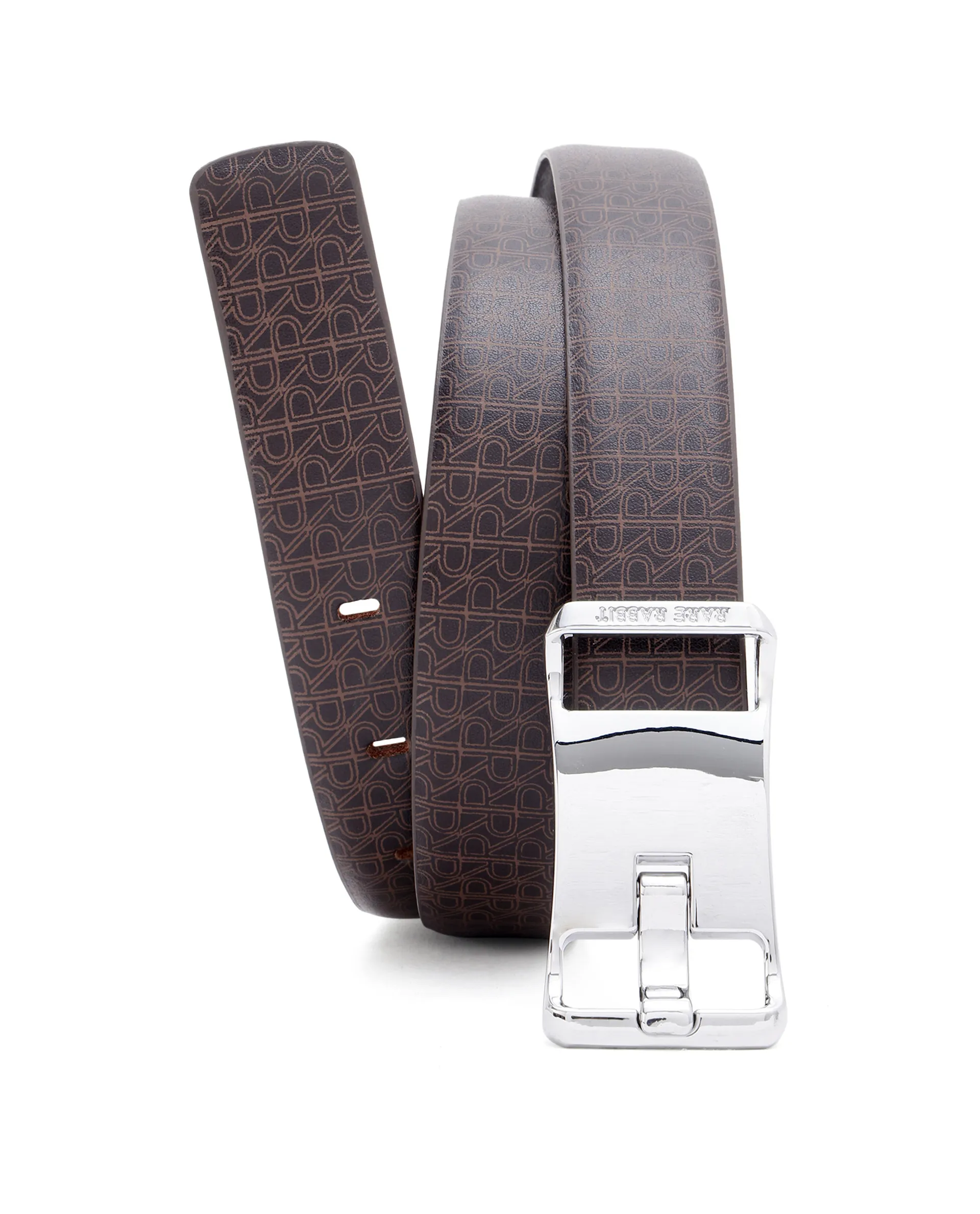 Rare Rabbit Men's Volde Brown Reversible Monogram Print Gun Metal Belt - Image 2