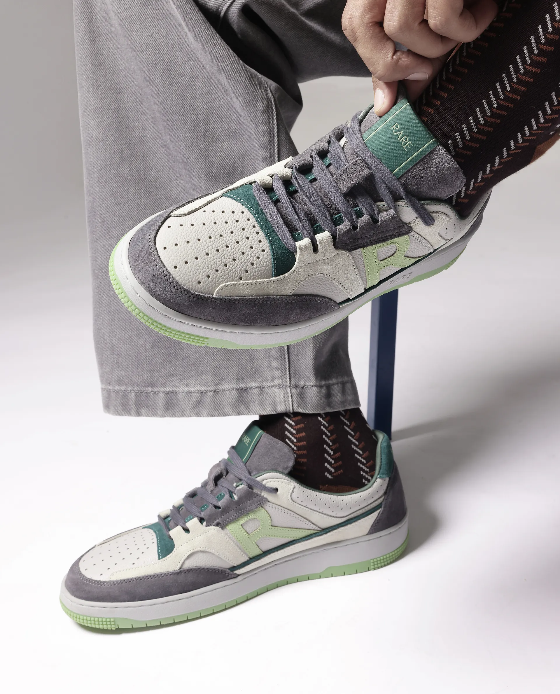 Rare Rabbit Men's Volga Light Green Genuine Leather Fabric Multitoned Low-Top Lace Up Sneaker Shoes - Image 2