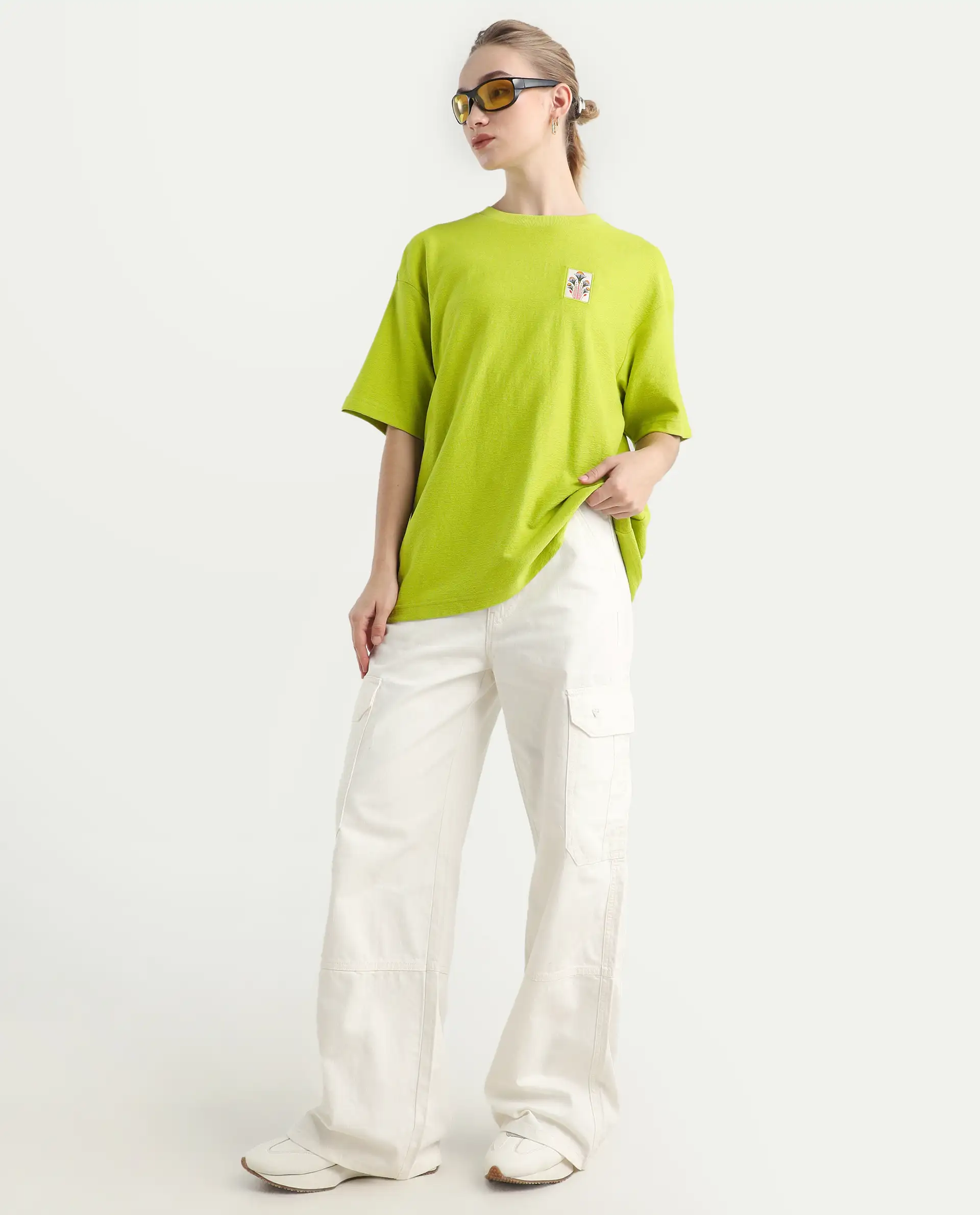 Rareism Women's Volo Green Cotton Graphic Print Oversized T-Shirt - Image 2