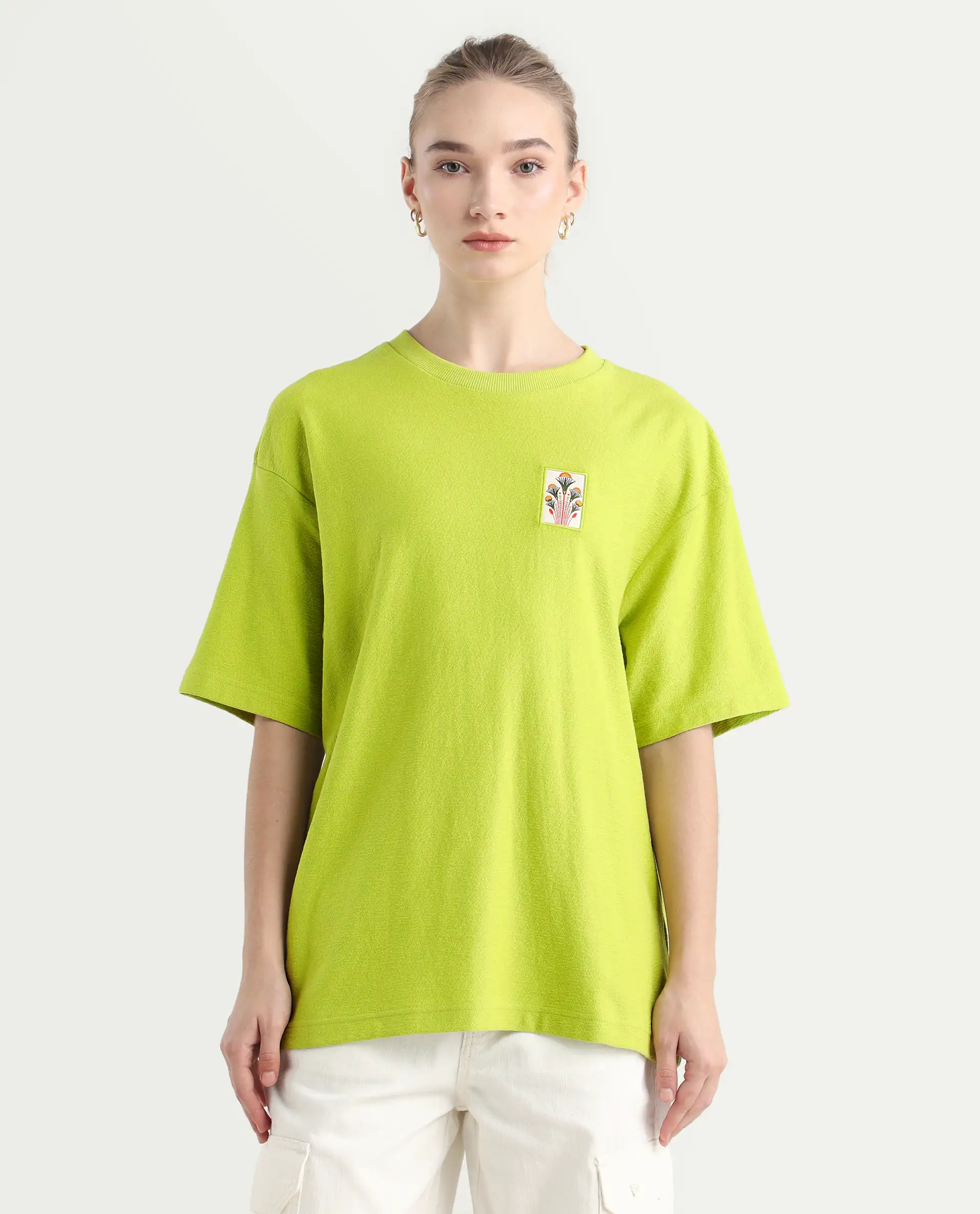 Rareism Women's Volo Green Cotton Graphic Print Oversized T-Shirt - Image 3