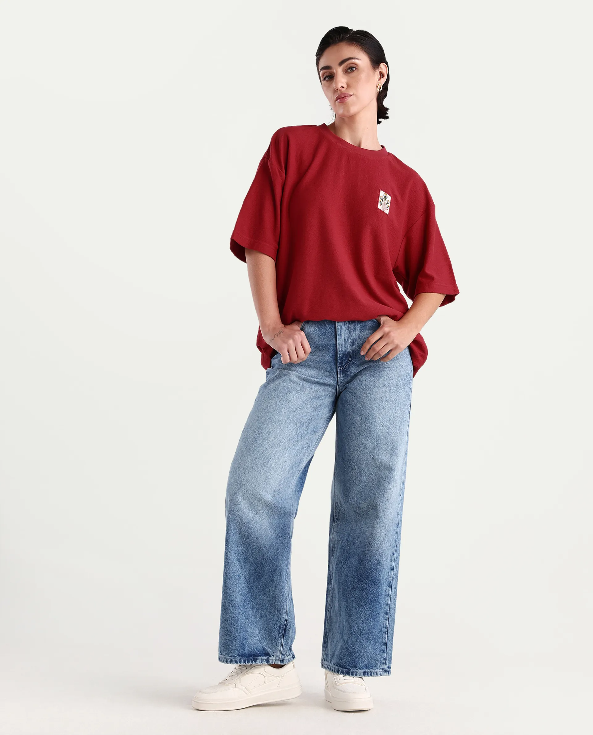Rareism Women's Volo Red Cotton Graphic Print Oversized T-Shirt - Image 2