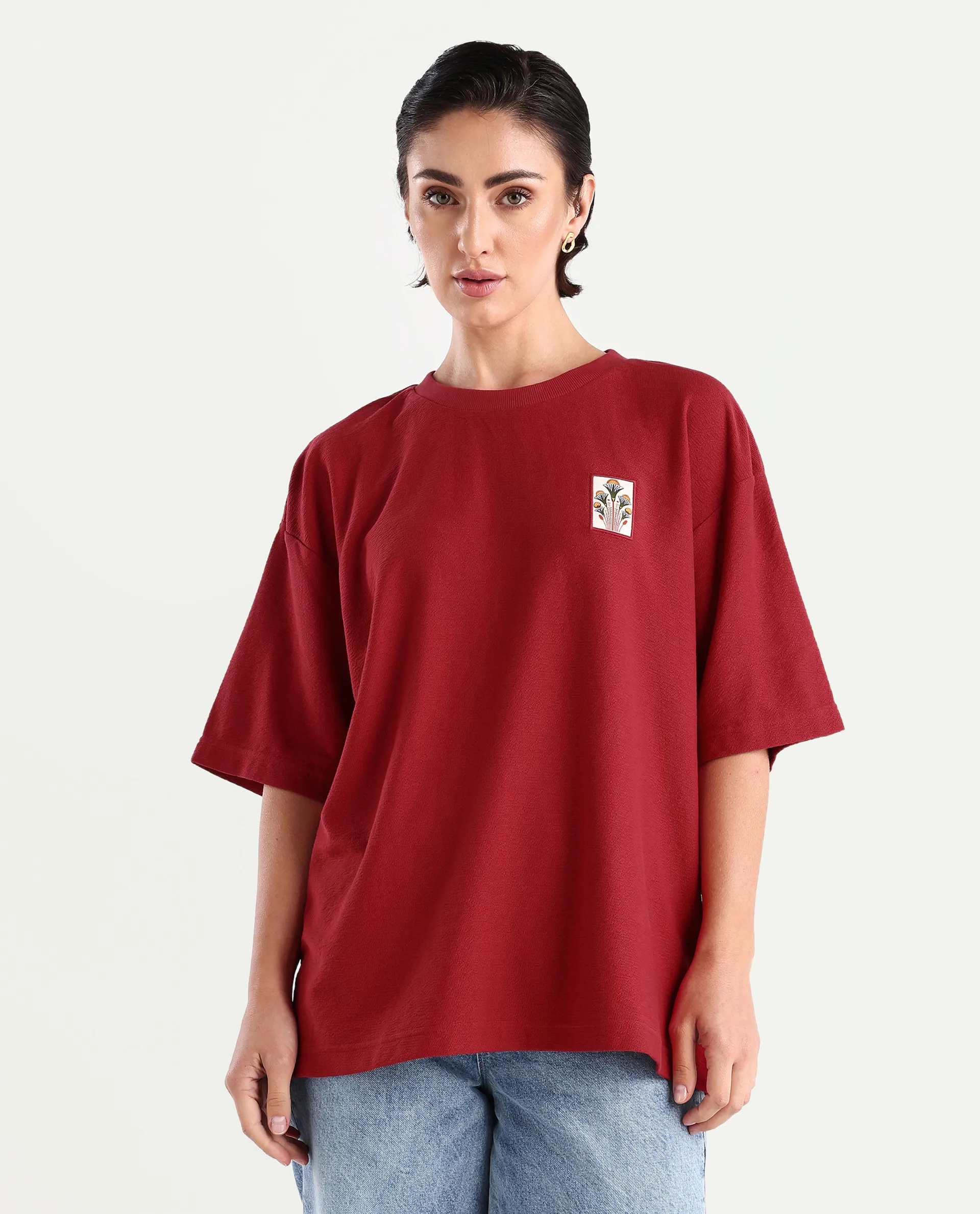 Rareism Women's Volo Red Cotton Graphic Print Oversized T-Shirt - Image 3