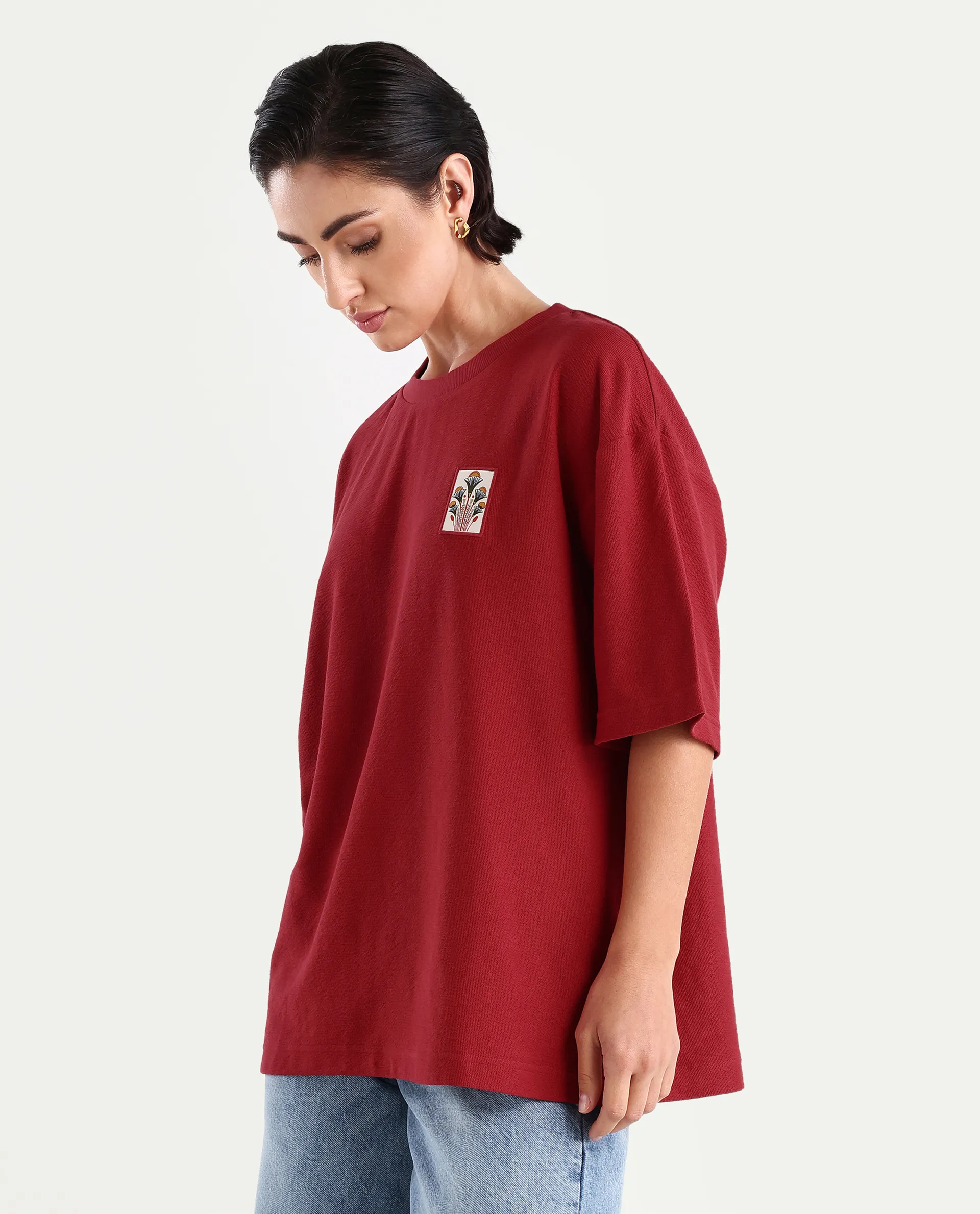 Rareism Women's Volo Red Cotton Graphic Print Oversized T-Shirt - Image 5