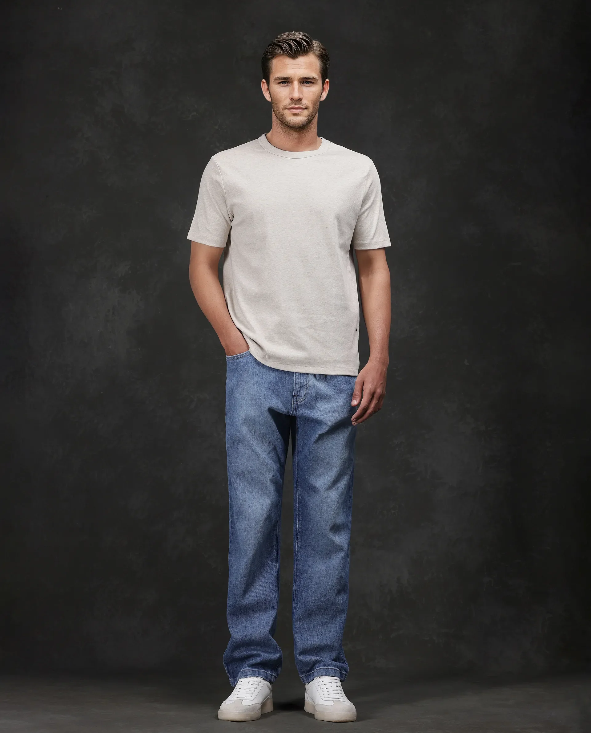 Rare Rabbit Men's Volt-Mel Beige Cotton Plain Regular Fit Half Sleeve Crew Neck T-Shirt - Image 2