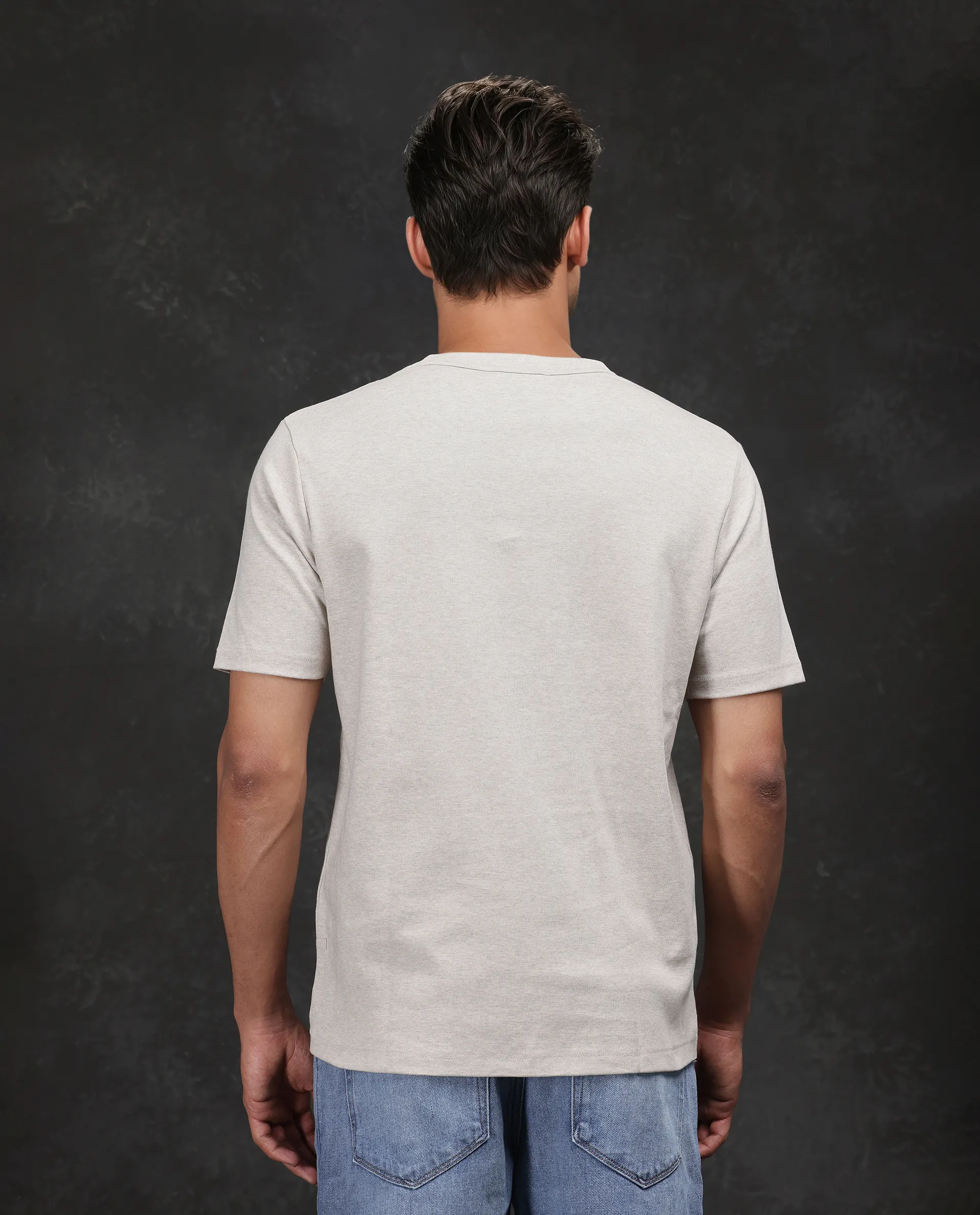 Rare Rabbit Men's Volt-Mel Beige Cotton Plain Regular Fit Half Sleeve Crew Neck T-Shirt - Image 4
