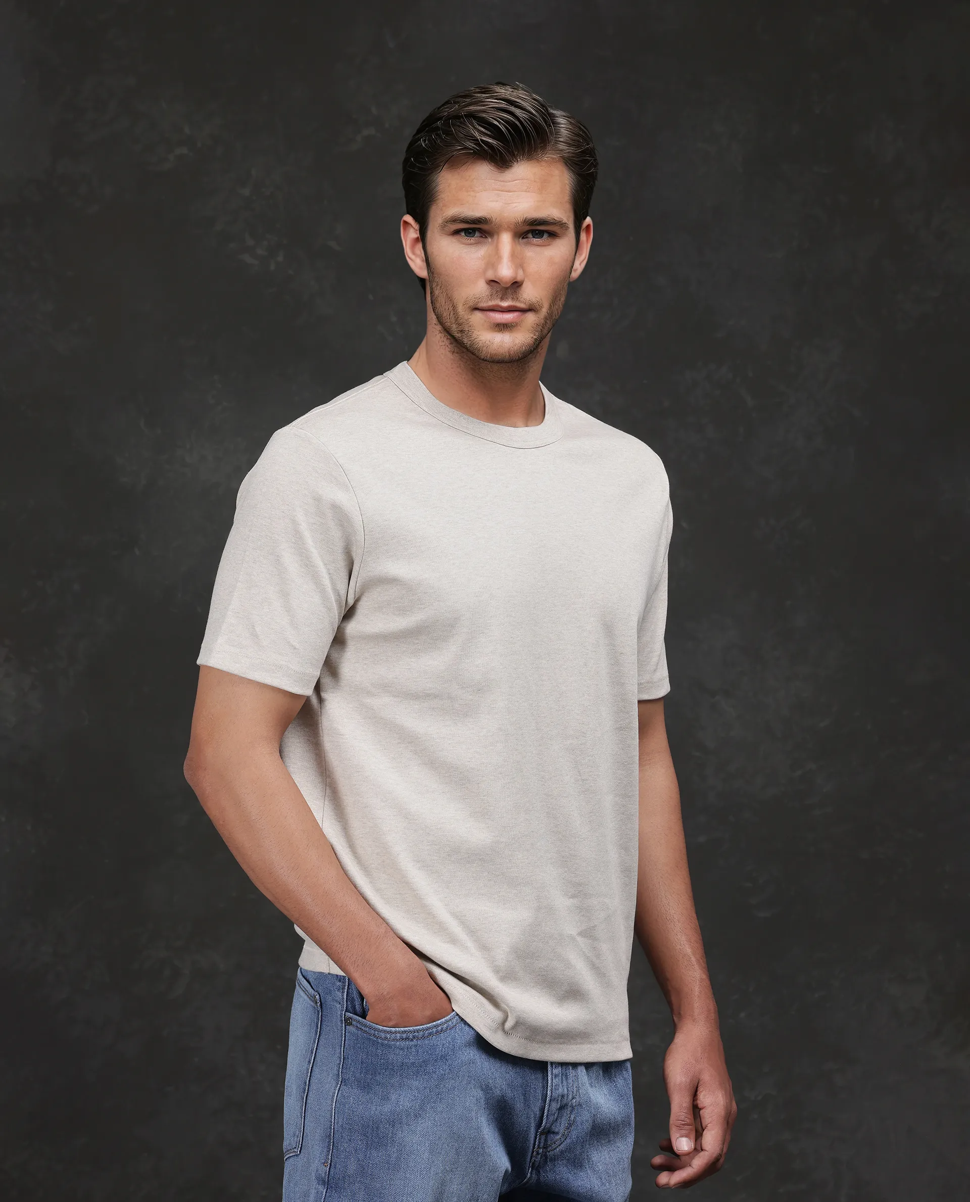 Rare Rabbit Men's Volt-Mel Beige Cotton Plain Regular Fit Half Sleeve Crew Neck T-Shirt - Image 5