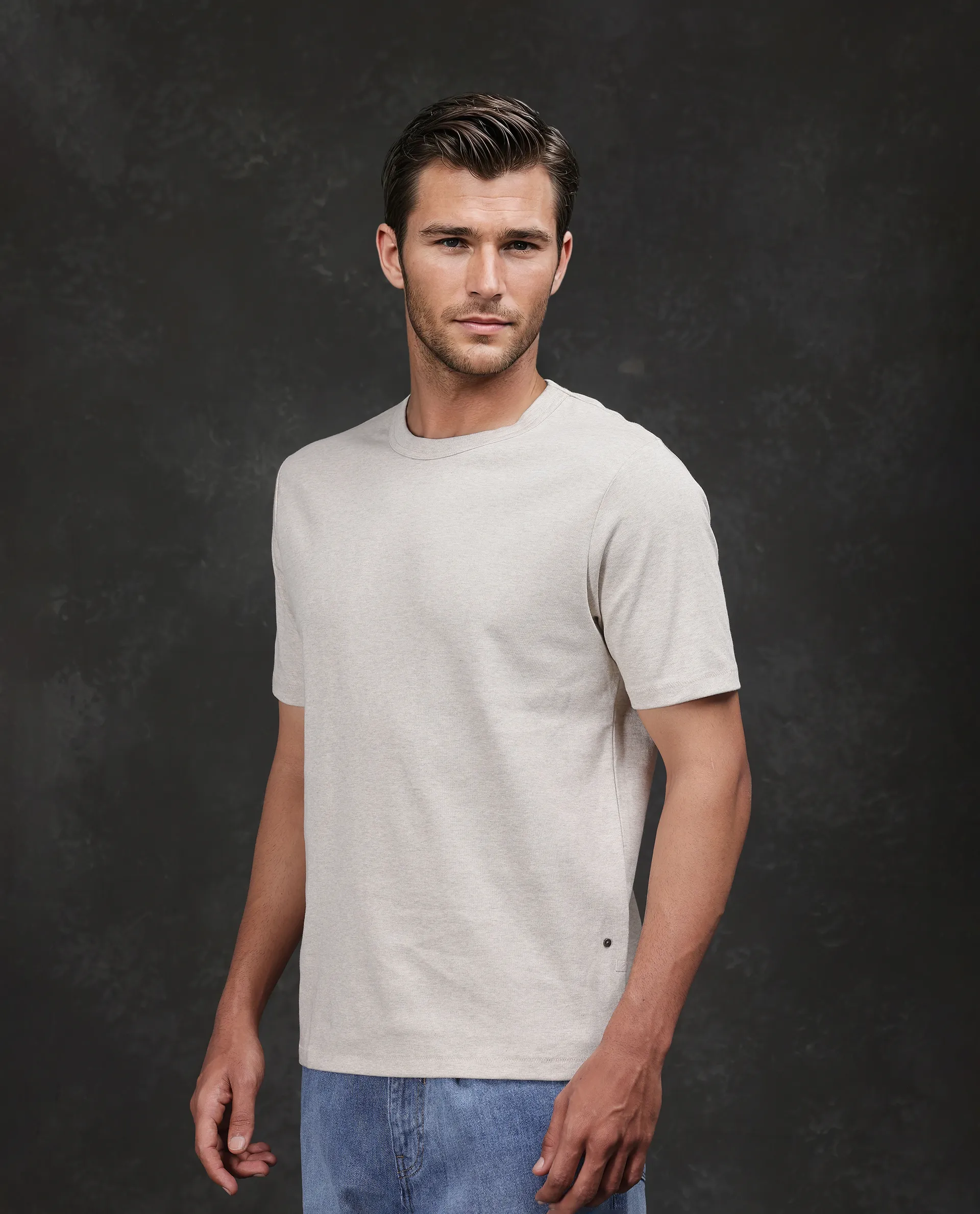 Rare Rabbit Men's Volt-Mel Beige Cotton Plain Regular Fit Half Sleeve Crew Neck T-Shirt - Image 6