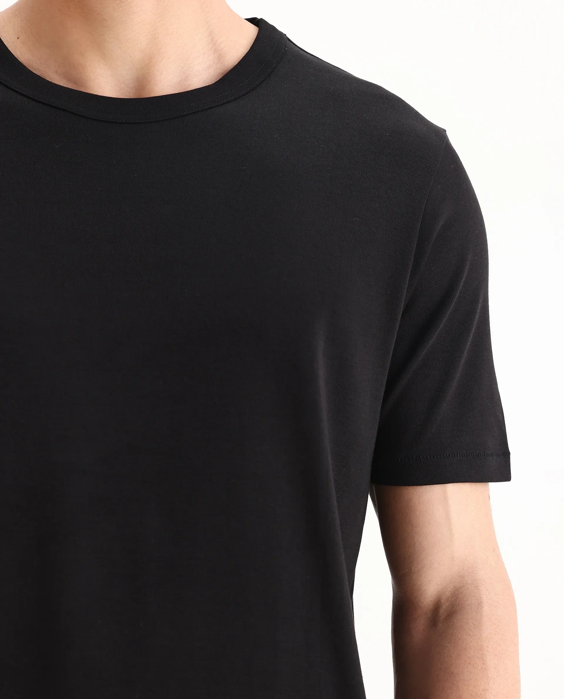 Rare Rabbit Men's Volt Black Cotton Plain Regular Fit Half Sleeve Crew Neck T-Shirt - Image 3