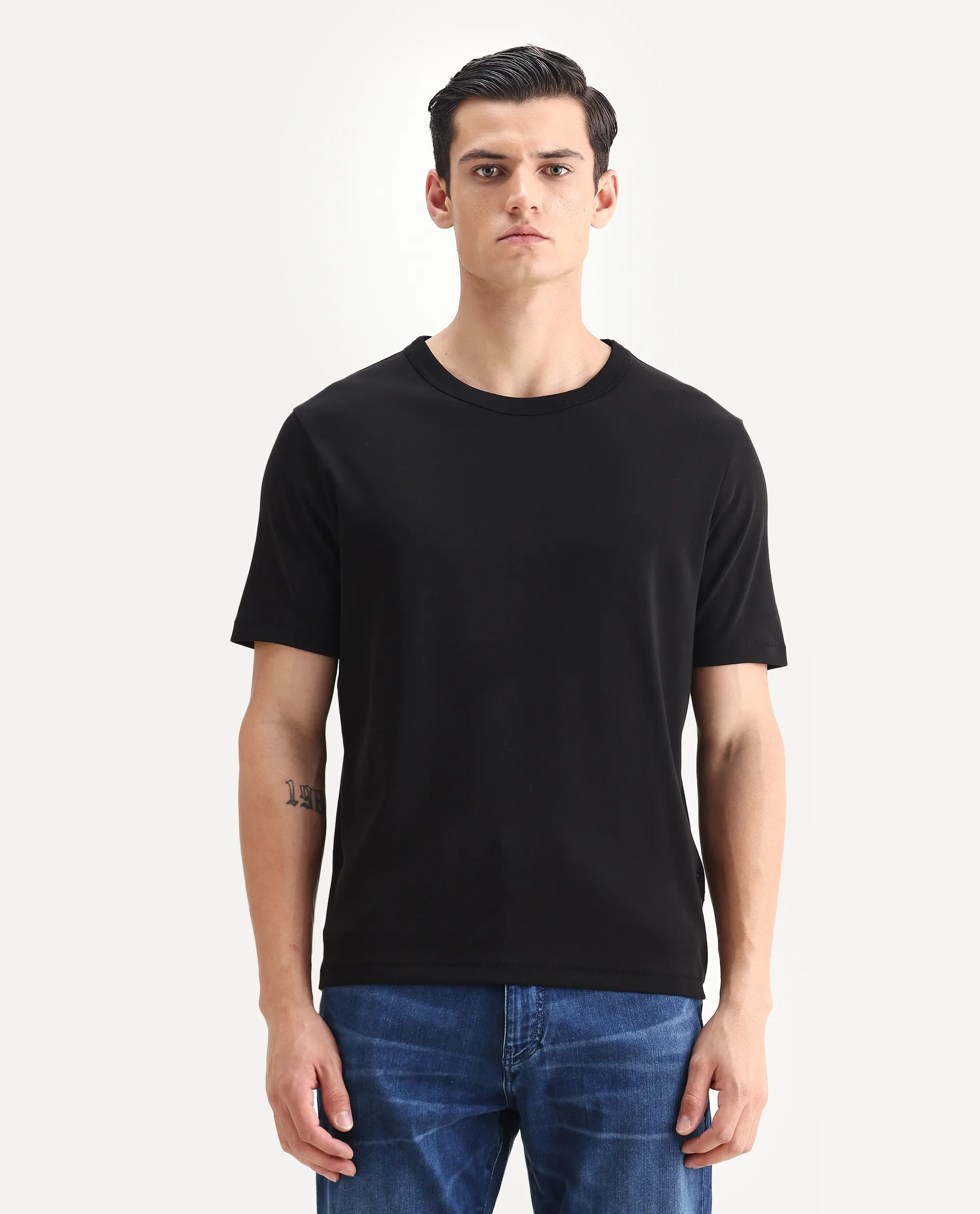 Rare Rabbit Men's Volt Black Cotton Plain Regular Fit Half Sleeve Crew Neck T-Shirt - Image 4
