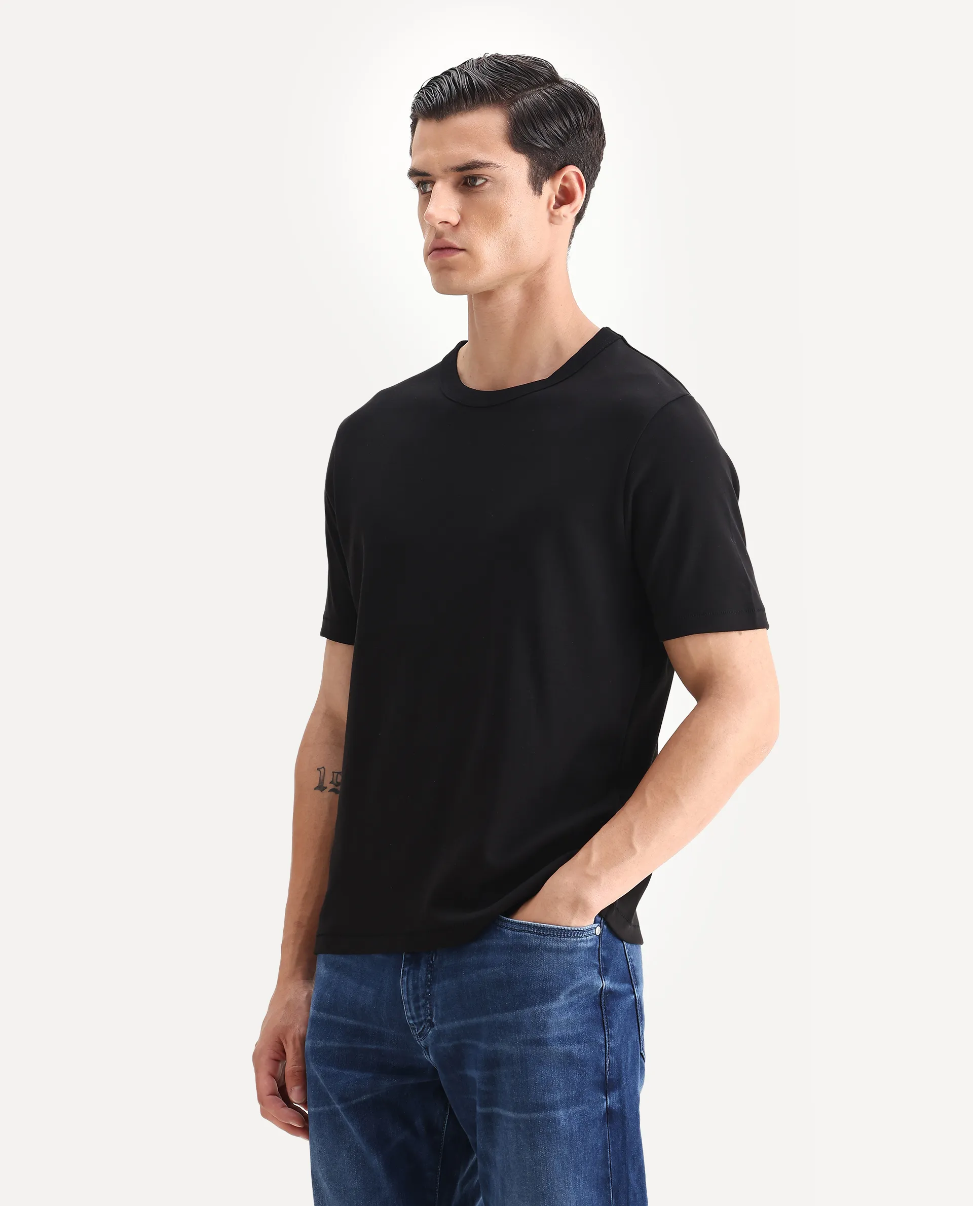 Rare Rabbit Men's Volt Black Cotton Plain Regular Fit Half Sleeve Crew Neck T-Shirt - Image 5