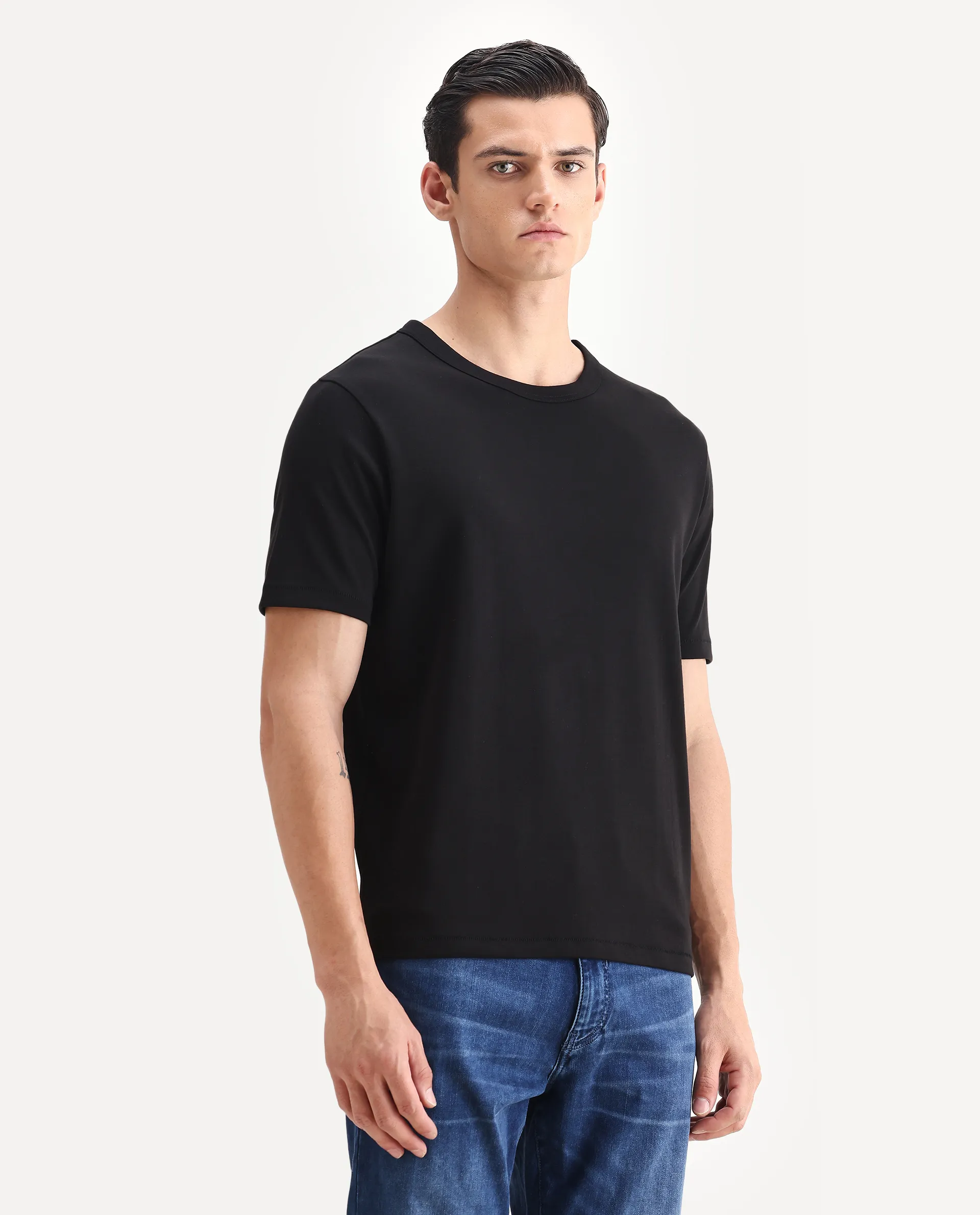 Rare Rabbit Men's Volt Black Cotton Plain Regular Fit Half Sleeve Crew Neck T-Shirt - Image 6