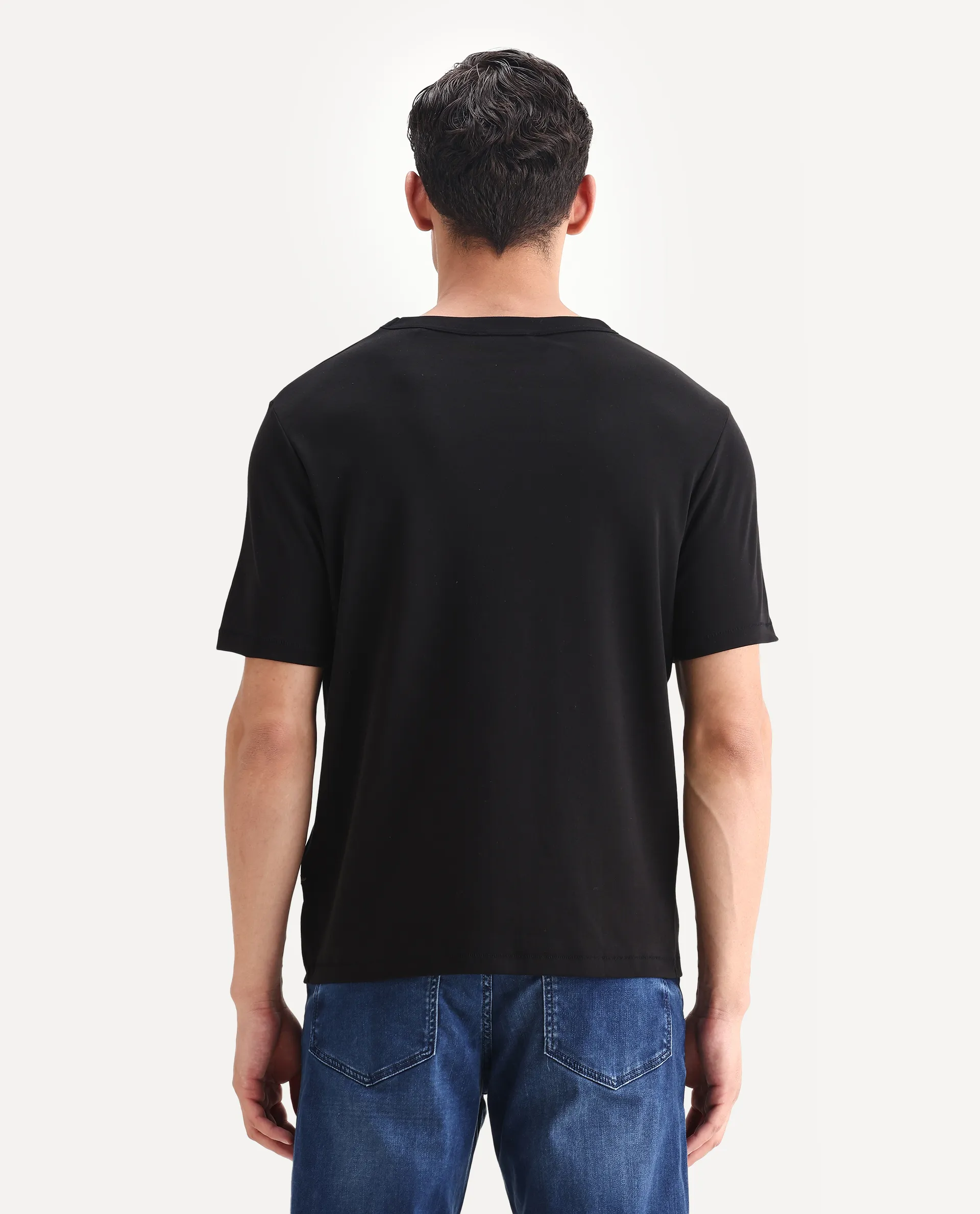 Rare Rabbit Men's Volt Black Cotton Plain Regular Fit Half Sleeve Crew Neck T-Shirt - Image 7