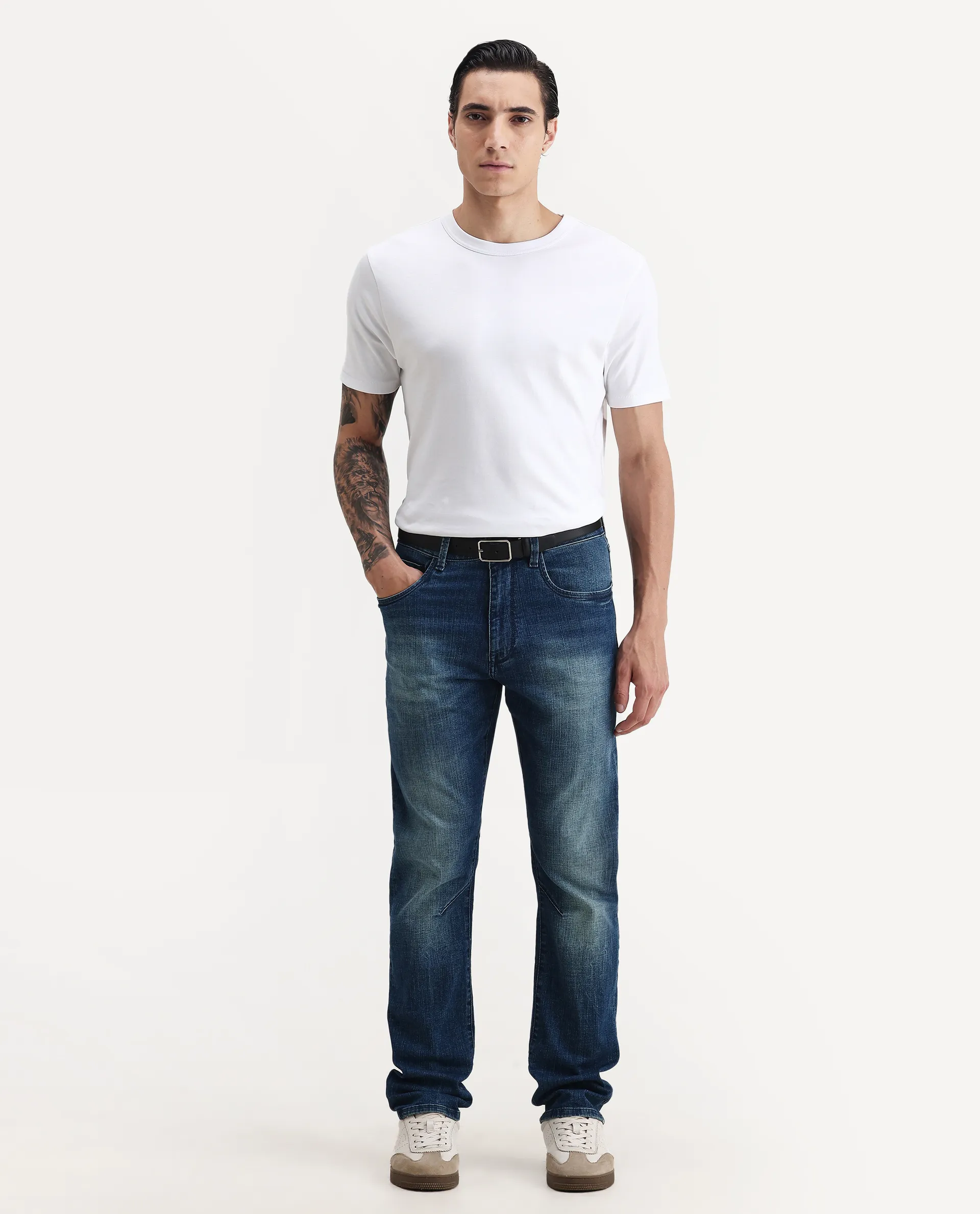 Rare Rabbit Men's Volt White Cotton Plain Regular Fit Half Sleeve Crew Neck T-Shirt - Image 2