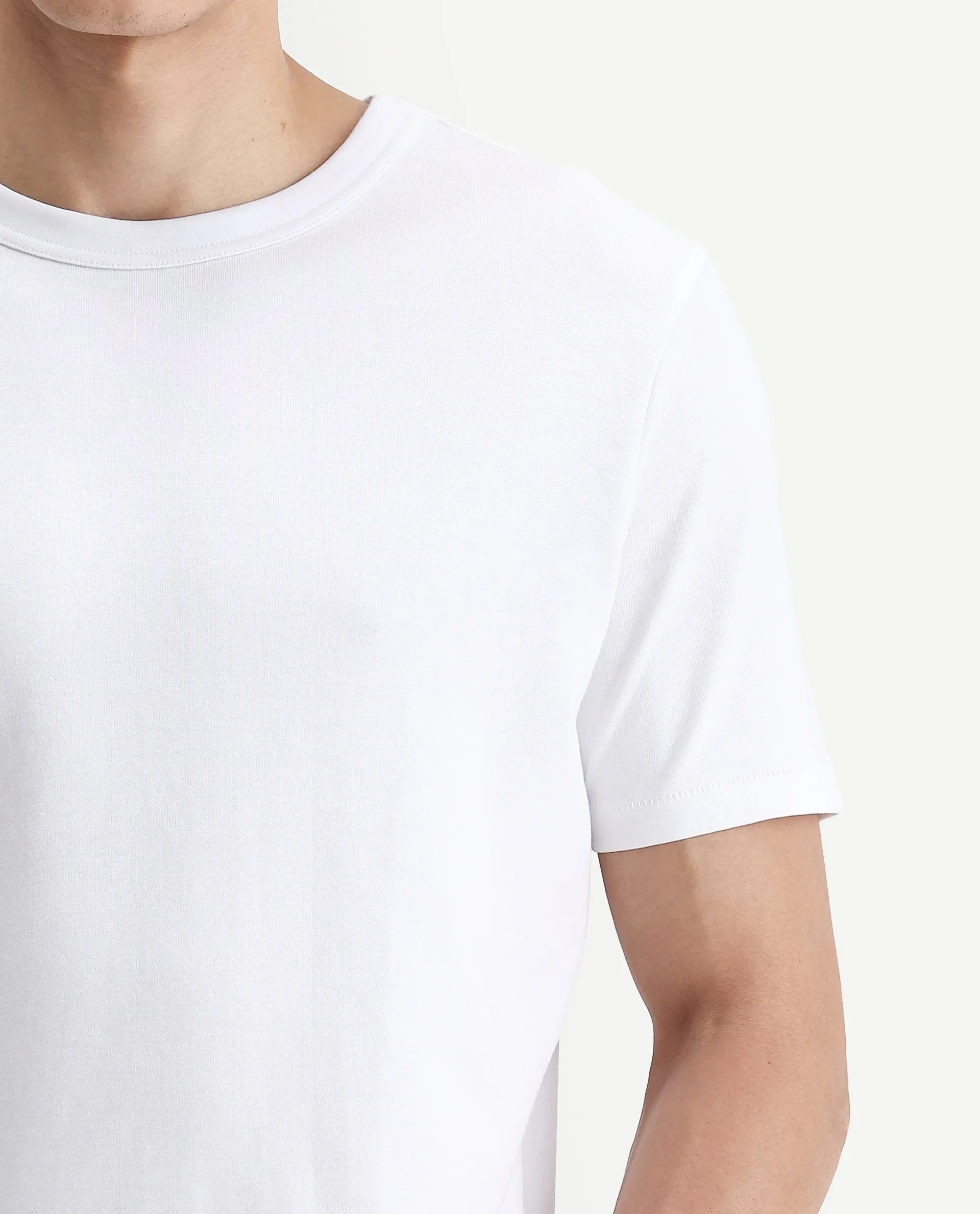 Rare Rabbit Men's Volt White Cotton Plain Regular Fit Half Sleeve Crew Neck T-Shirt - Image 3
