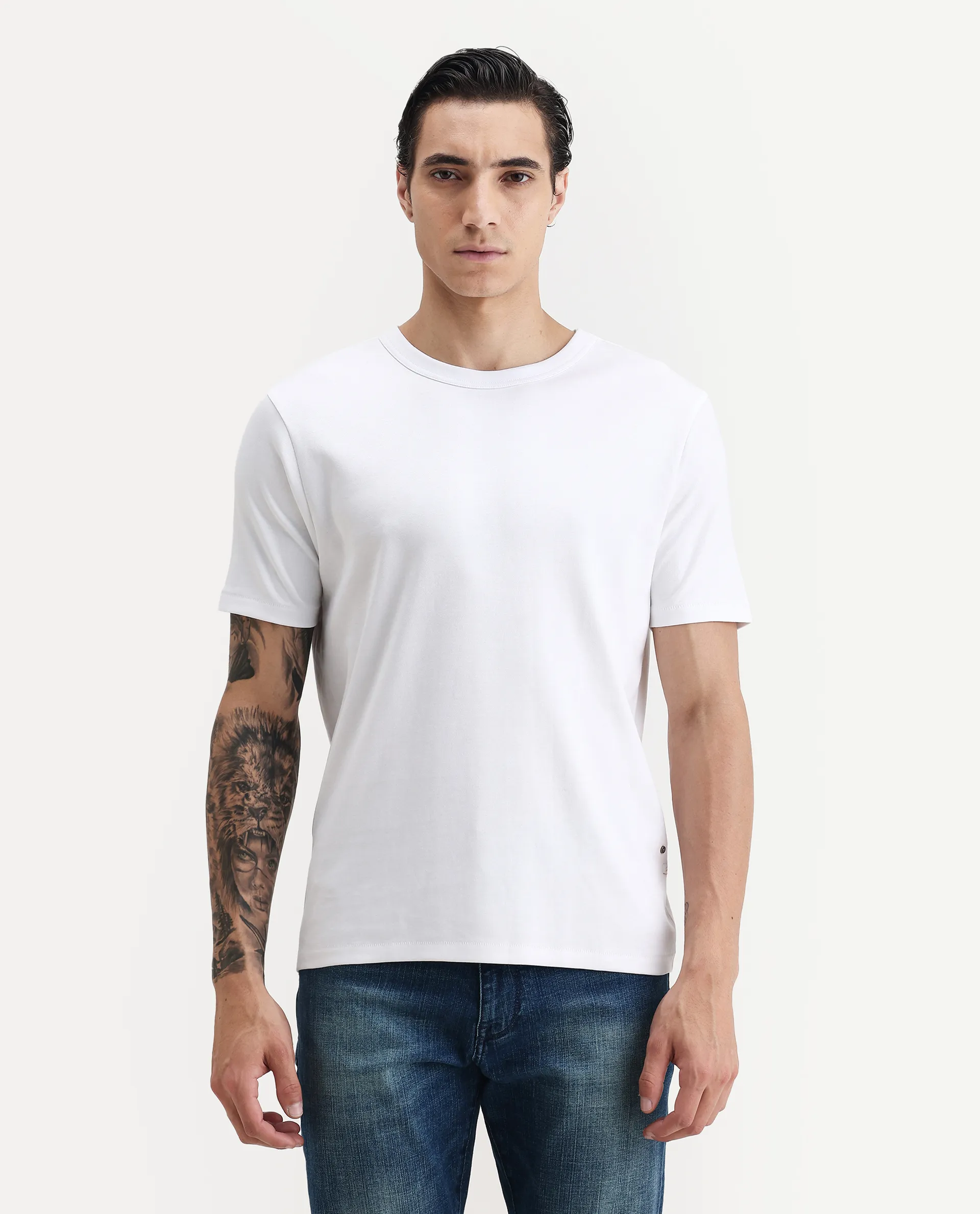 Rare Rabbit Men's Volt White Cotton Plain Regular Fit Half Sleeve Crew Neck T-Shirt - Image 4
