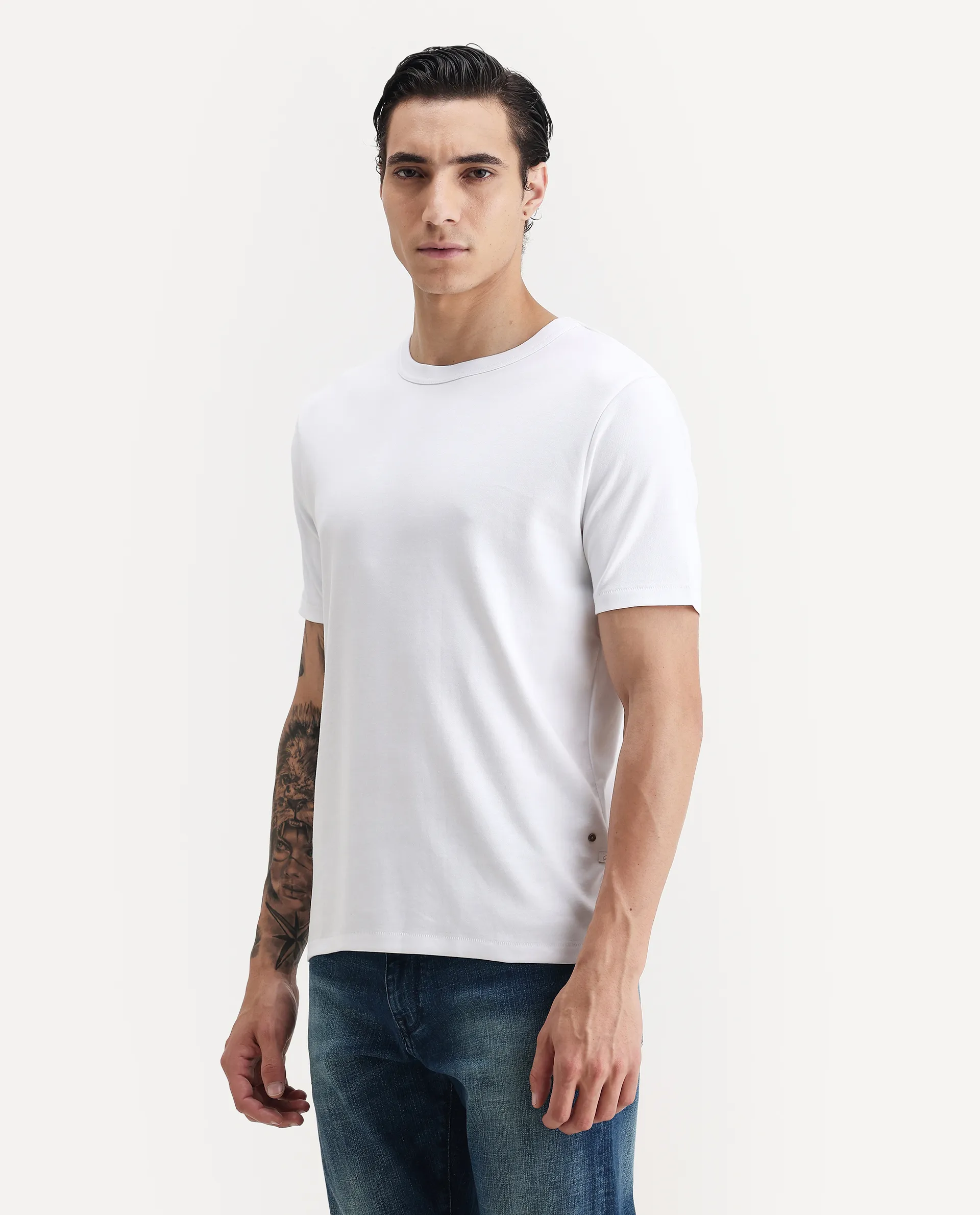 Rare Rabbit Men's Volt White Cotton Plain Regular Fit Half Sleeve Crew Neck T-Shirt - Image 5