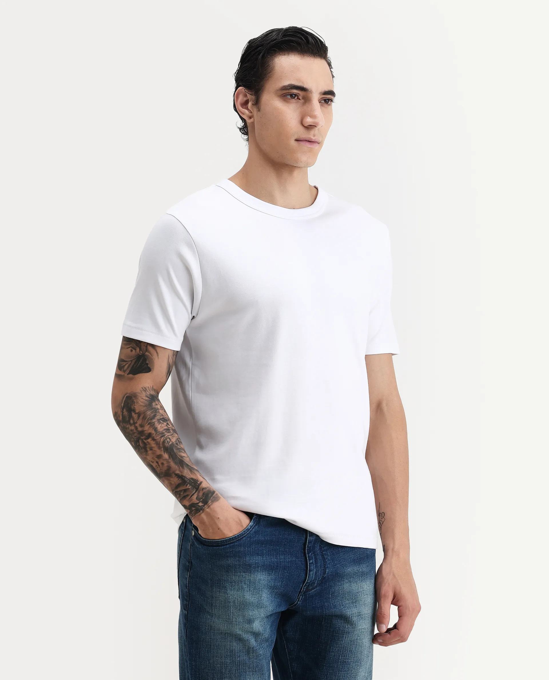 Rare Rabbit Men's Volt White Cotton Plain Regular Fit Half Sleeve Crew Neck T-Shirt - Image 6
