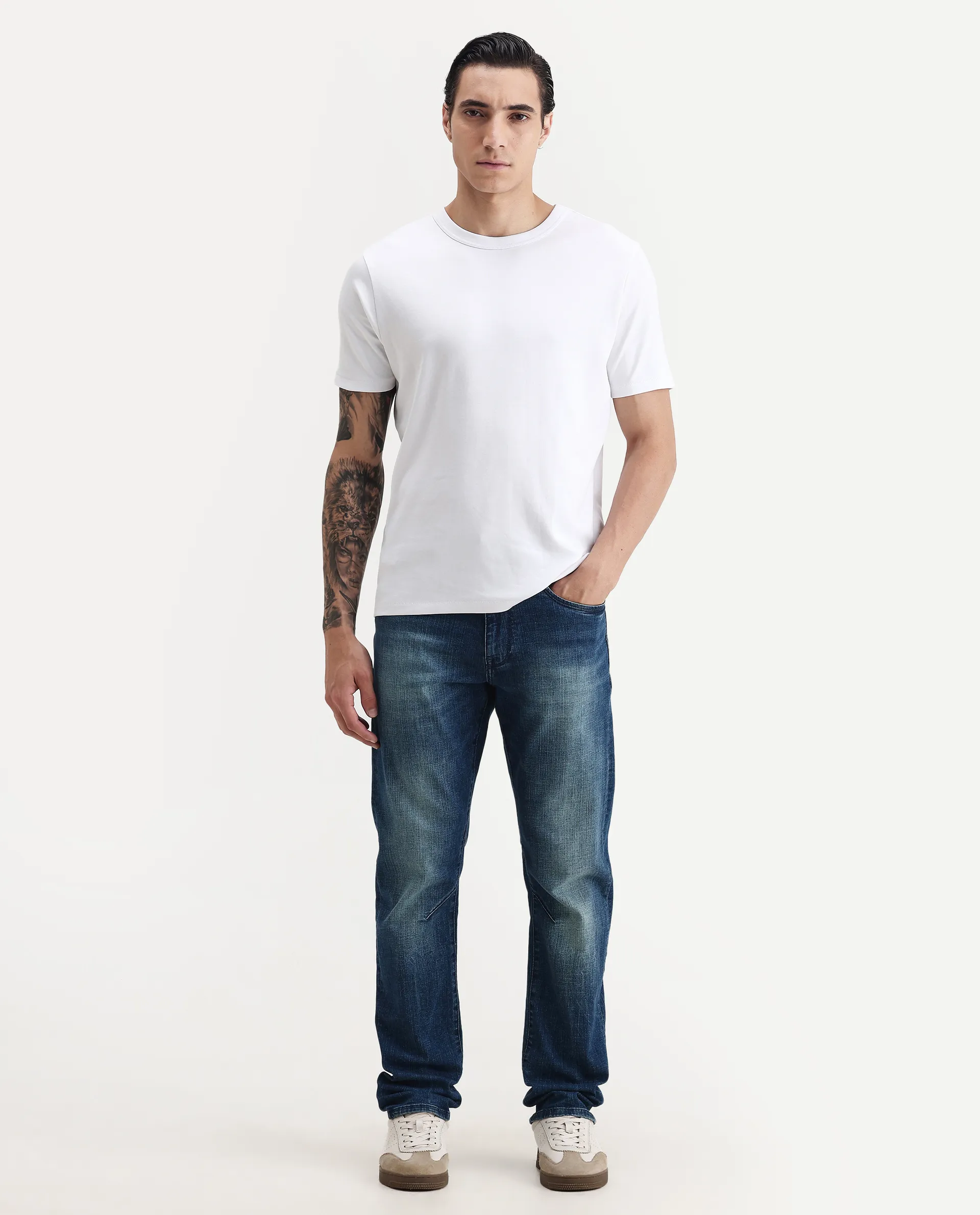 Rare Rabbit Men's Volt White Cotton Plain Regular Fit Half Sleeve Crew Neck T-Shirt - Image 7